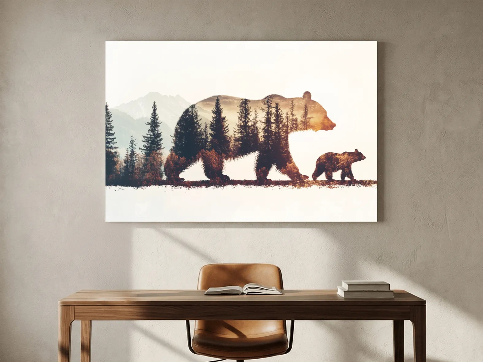 Rustic Double Exposure Bear Family - Sunset Forest Wildlife Wall Art