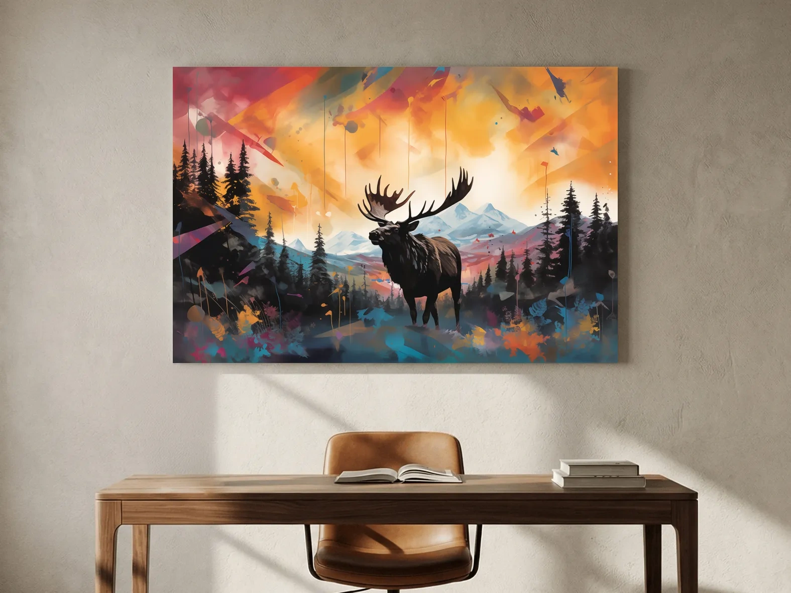 Vibrant Abstract Moose Mountain Painting - Colorful Wildlife Wall Art
