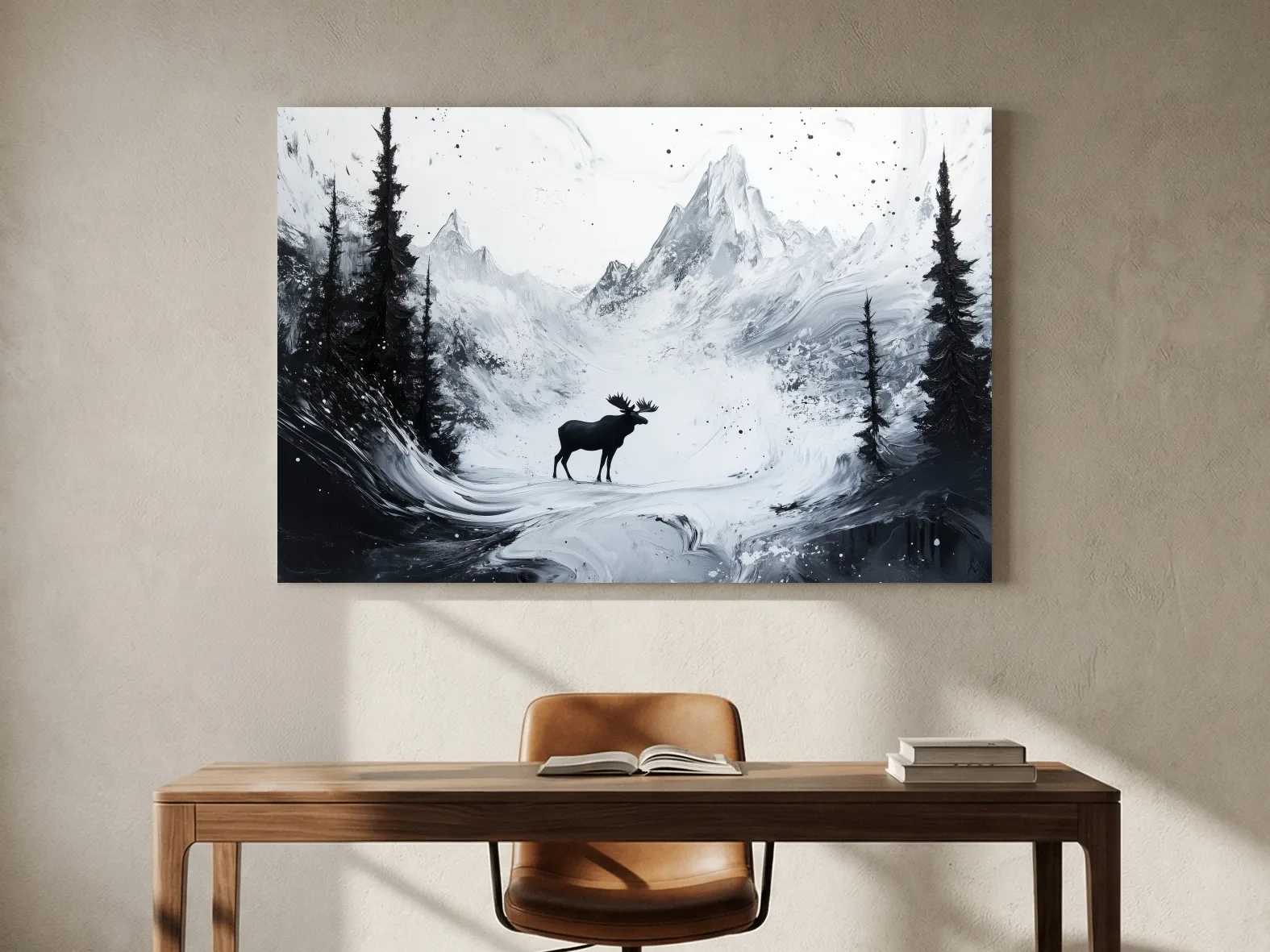Moody Monochrome Moose Alpine Meadows - Abstract Ink Wash Wildlife Wall Art