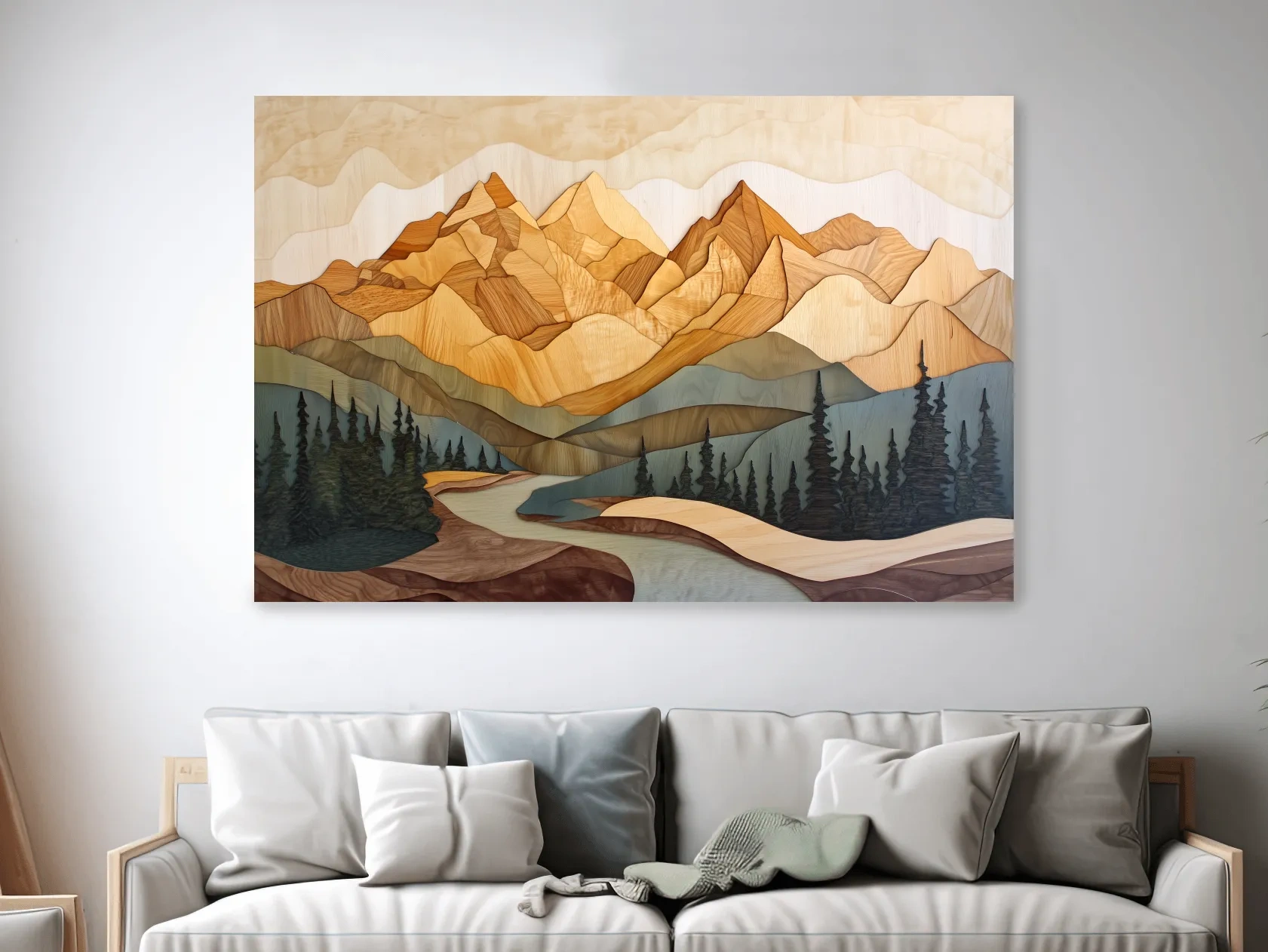 Alpine forest mountain artwork, 3d layered wood intarsia style art