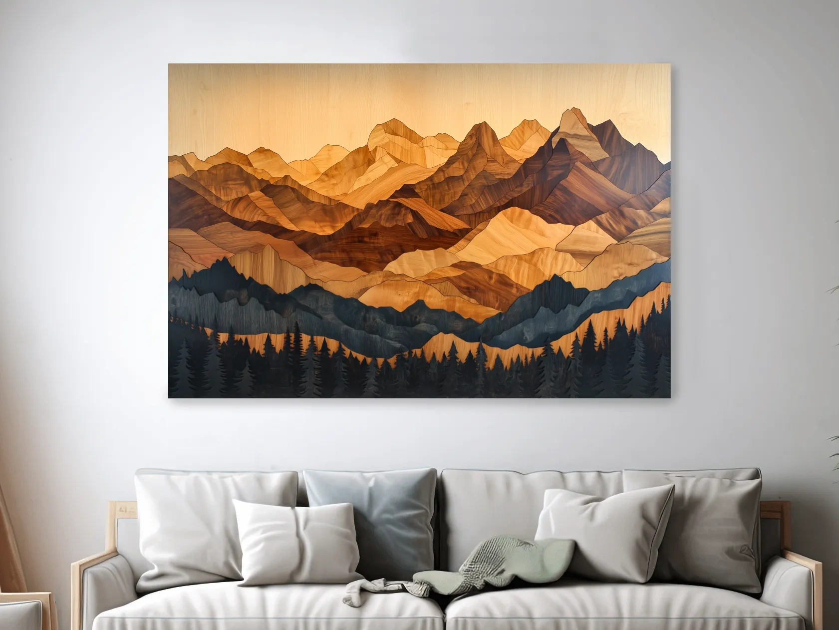 Layered Woodcut Intarsia Mountain Range Landscape - Peaks And Pine Forest Wall Art