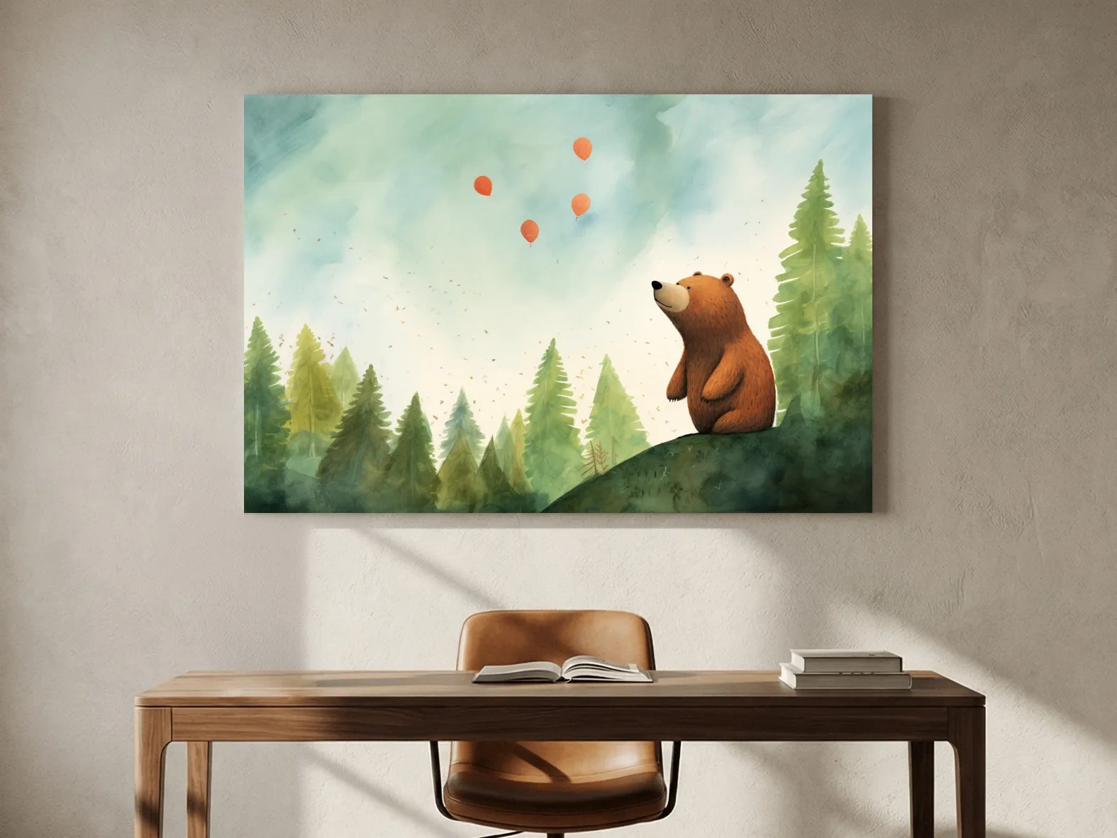 Whimsical Watercolor Bear Watching Balloons - Cute Nursery Forest Wall Art
