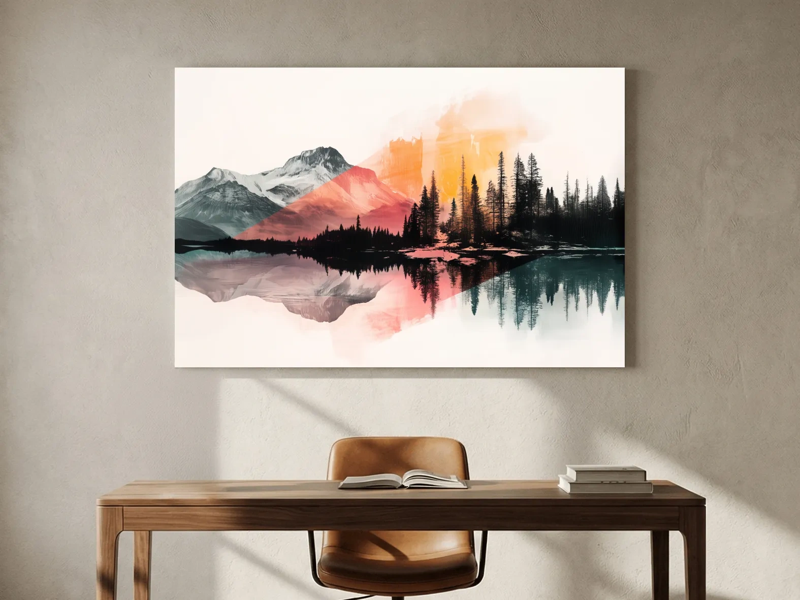 Abstract Alpine Lake Reflection Painting - Modern Watercolor Forest Landscape Wall Art