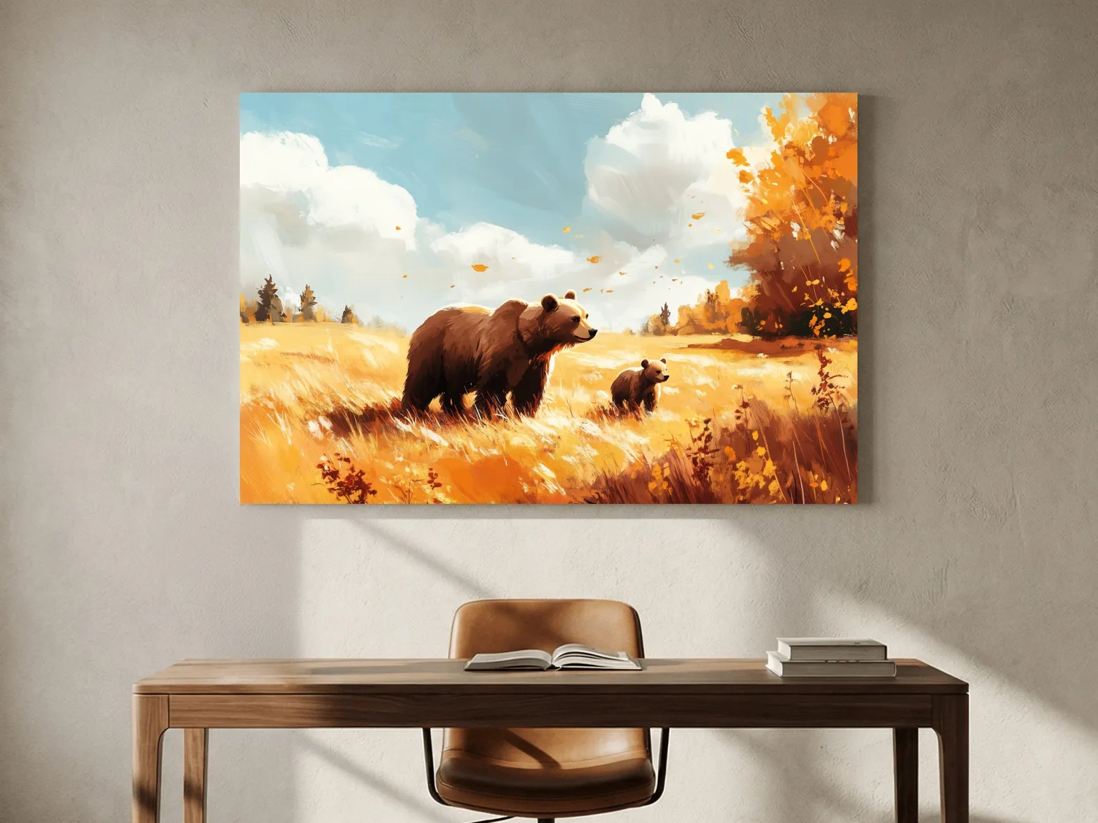 Autumn Grizzly Bear & Cub Painting - Warm Golden Wildlife Wall Art