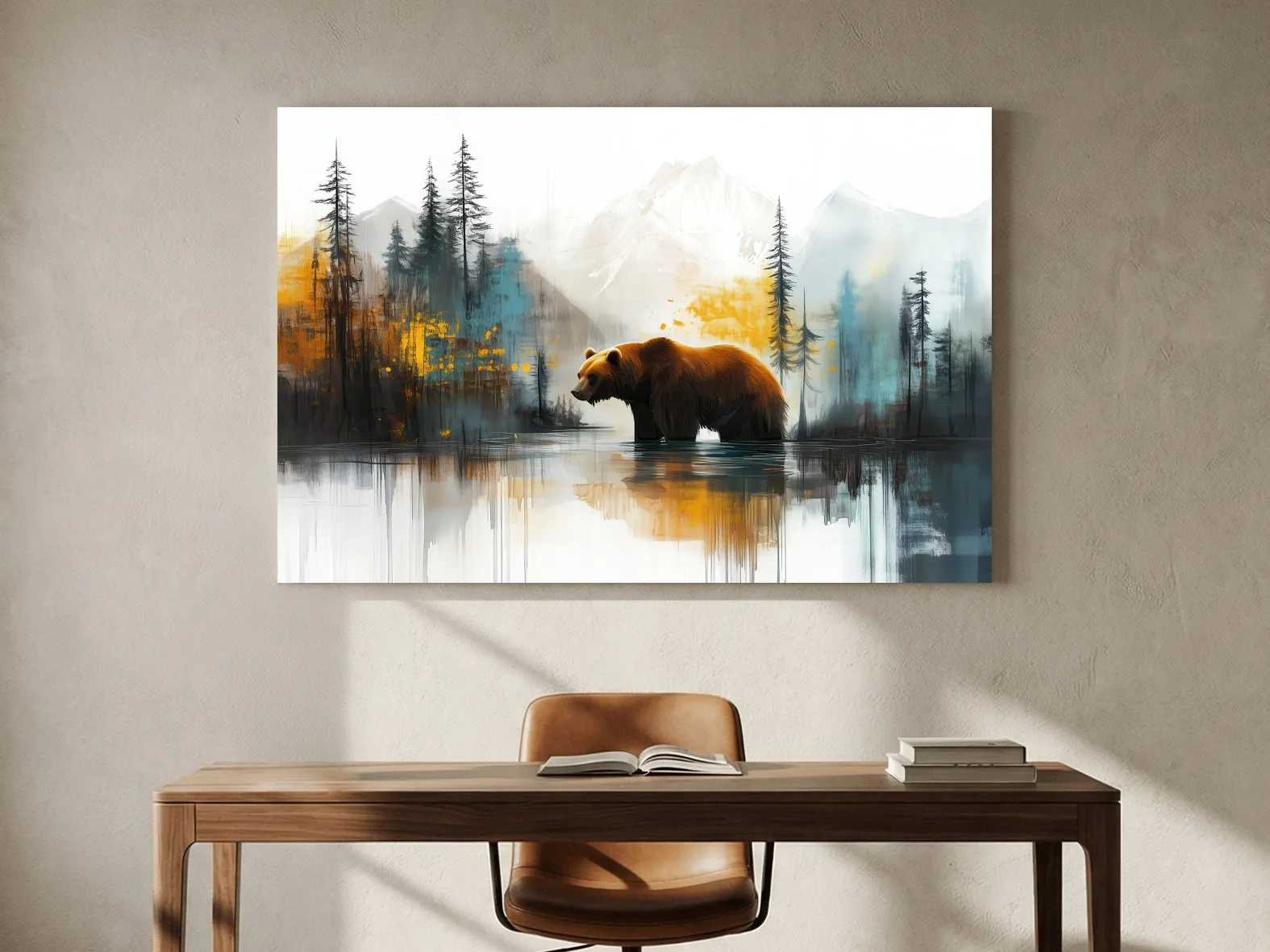 Grizzly Bear Lake Reflection - Misty Mountain Forest Watercolor Style Artwork
