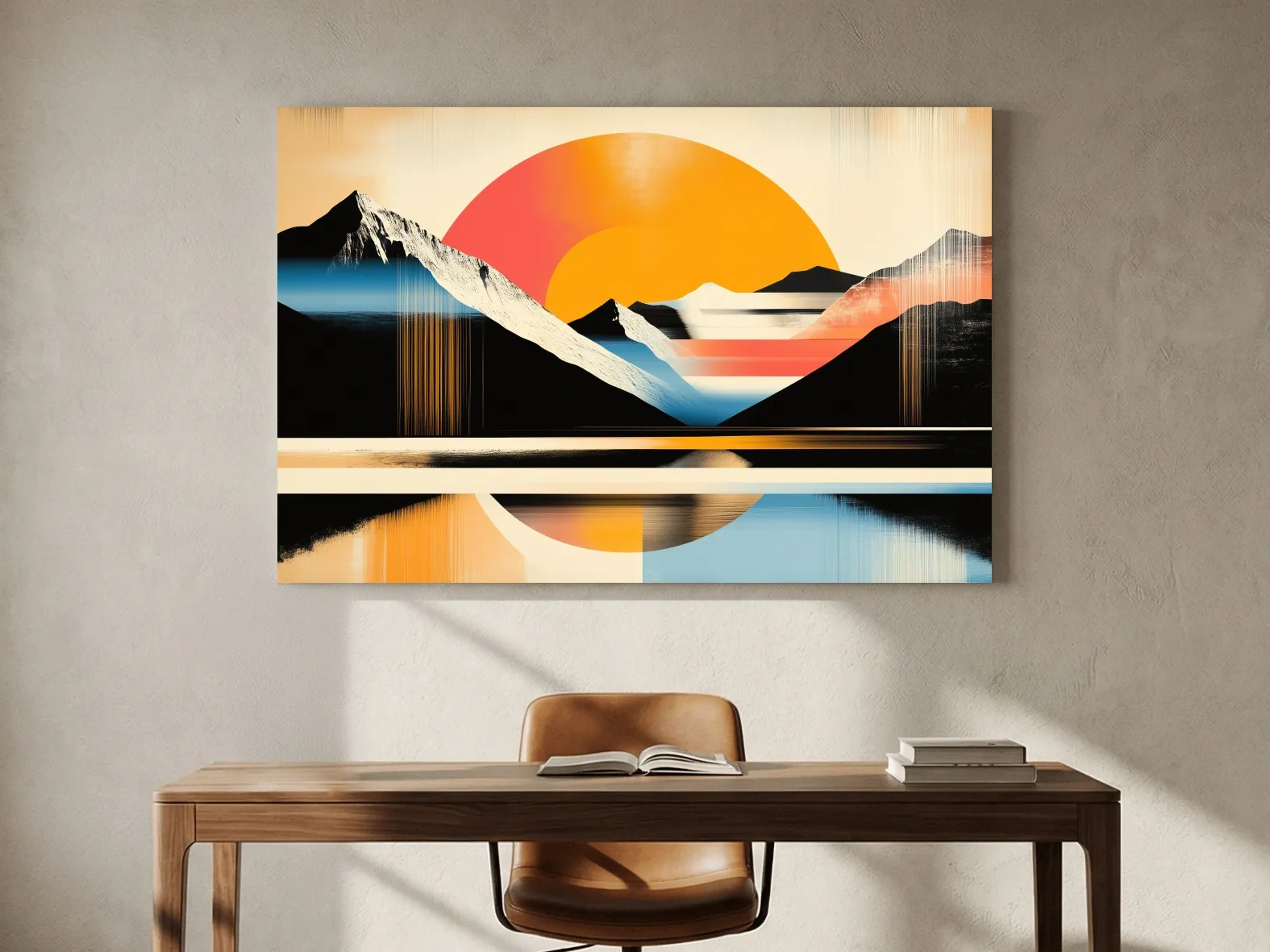 Retro Abstract Alpine Lake Sunset Artwork - Geometric Landscape Wall Art