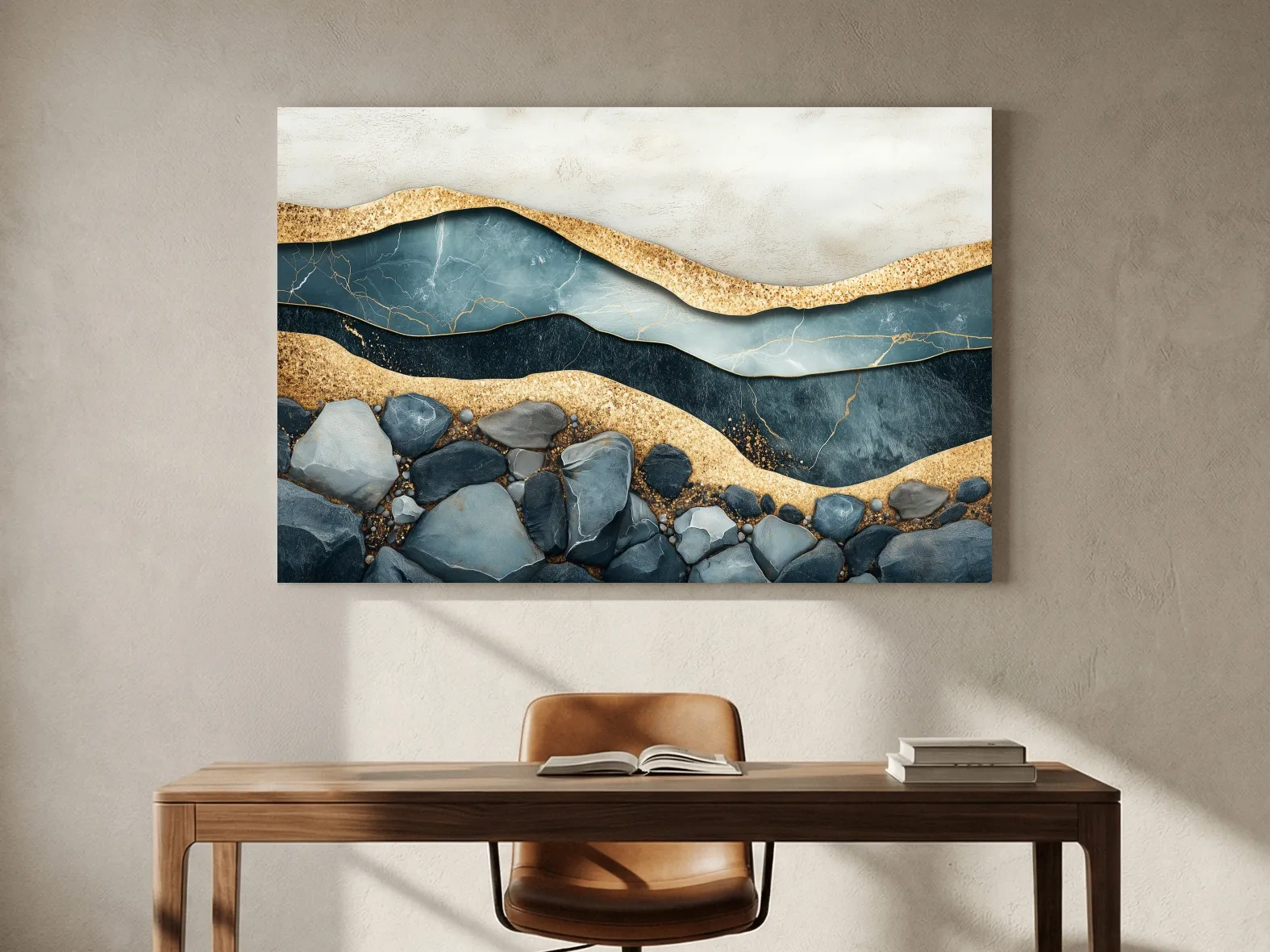 Luxury Teal Gold Marble Geode Layers - Modern River Rock Wall Art