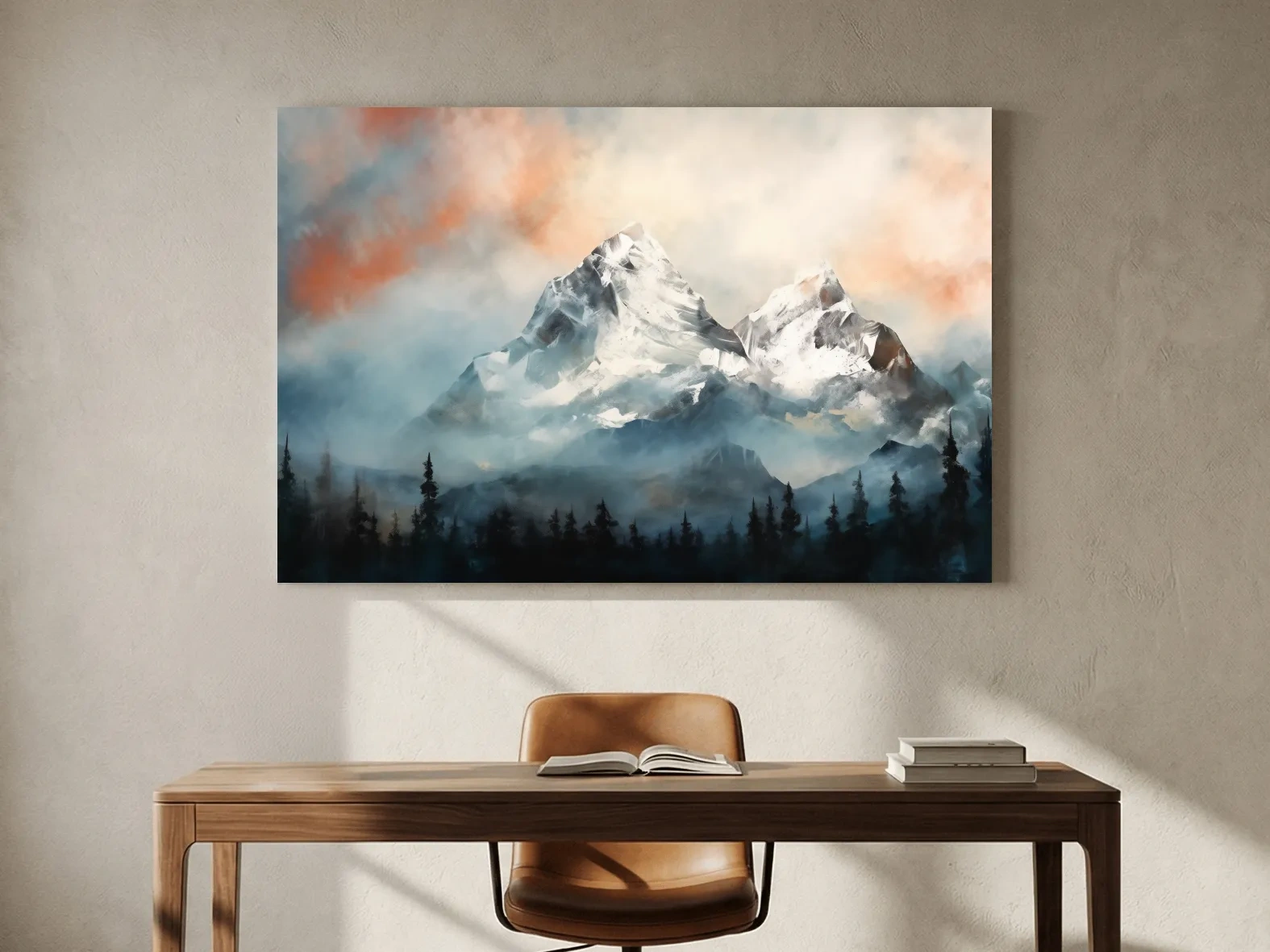 Misty Snowcapped Mountain Peaks Painting - Alpine Sunset Wall Art
