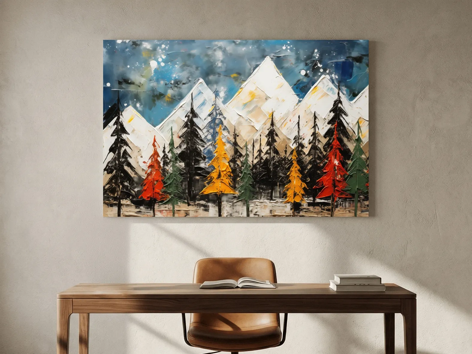 Textured Abstract Oil Painting Style Mountain Forest - Colorful Autumn Pines Landscape Wall Art