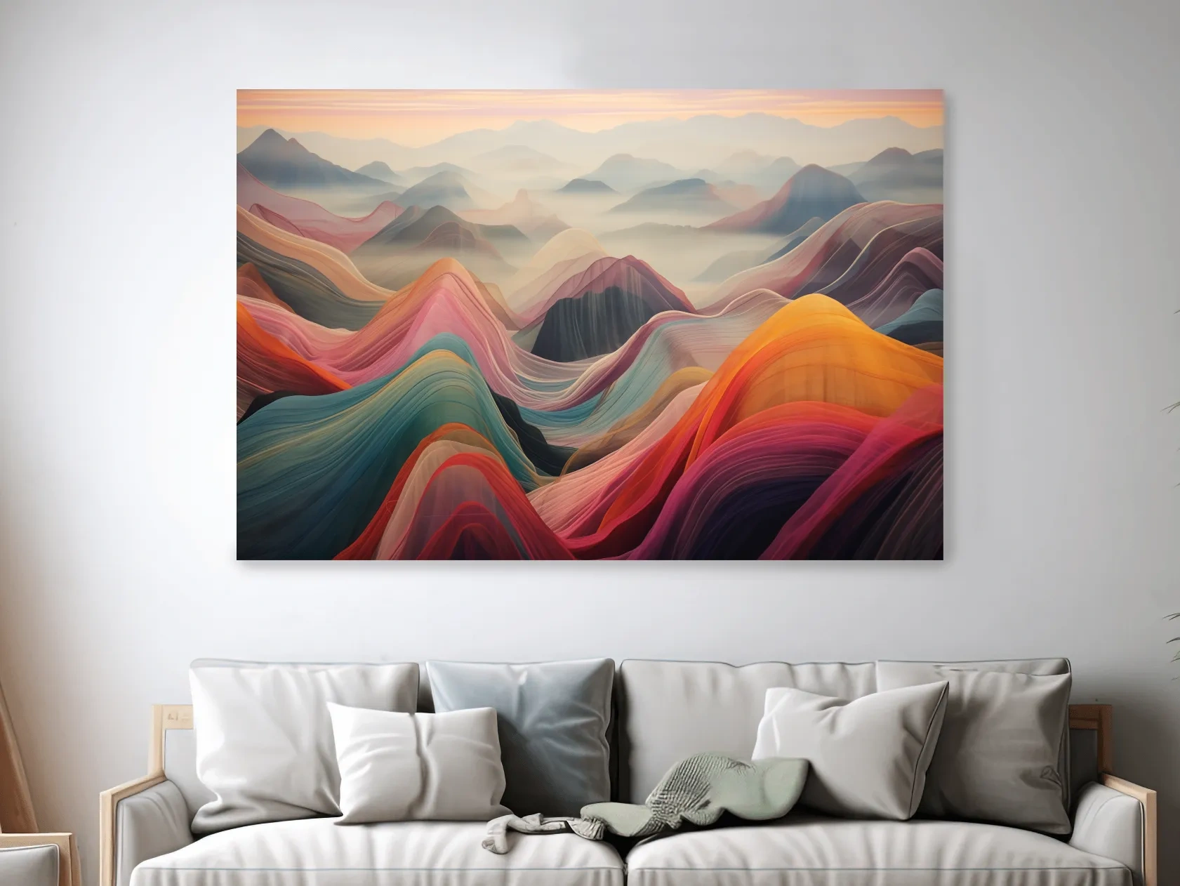 Colorful abstract mountain wall art, layered flowing waves effect