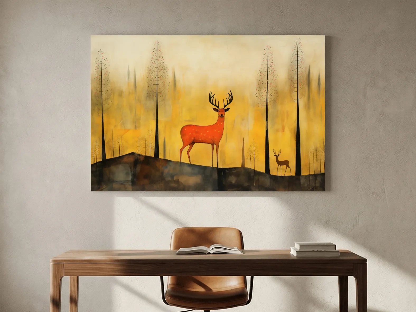 Whimsical Deer In Autumn Forest - Golden Woodland Landscape Wall Art