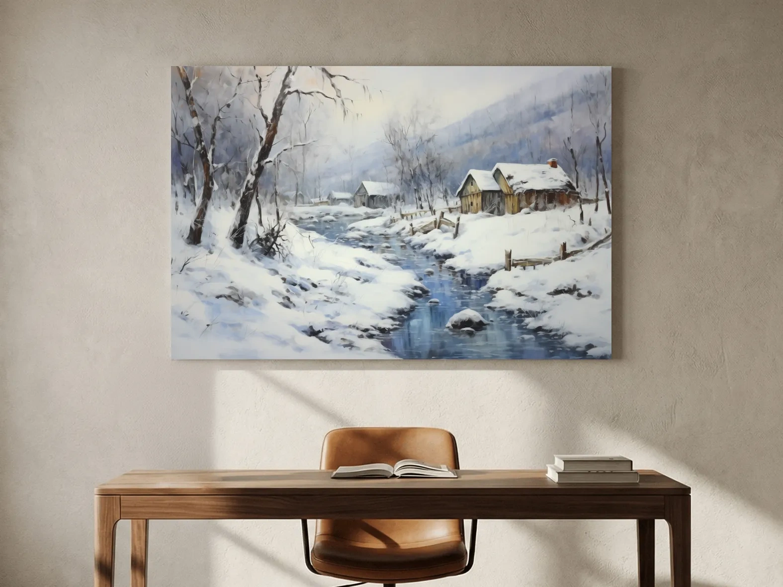 Snowy Winter Cabin Stream Landscape - Serene Rustic Wall Art