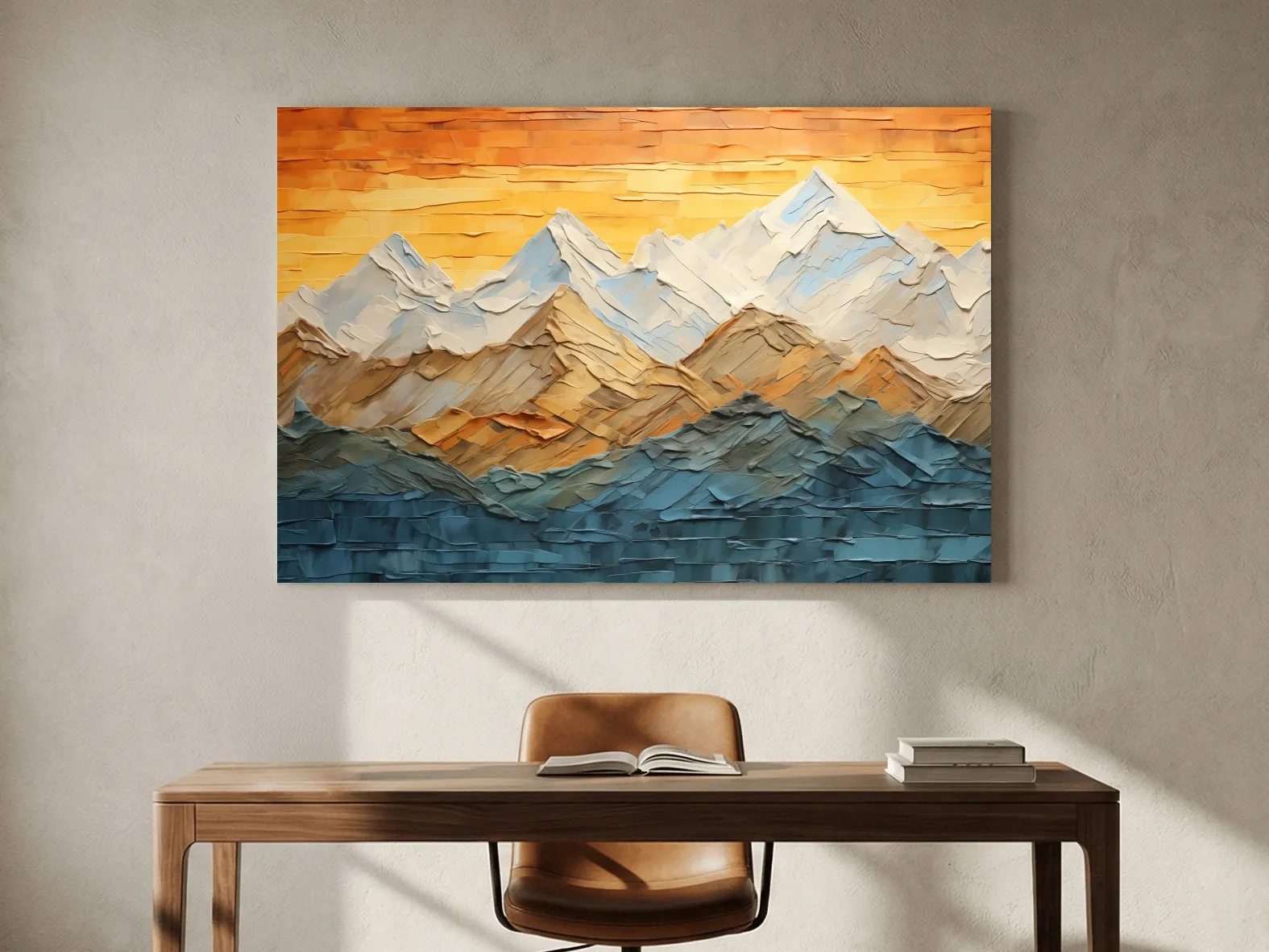 Impasto Style Mountain Range Sunset - Pallet Knife Painting Effect Wall Art