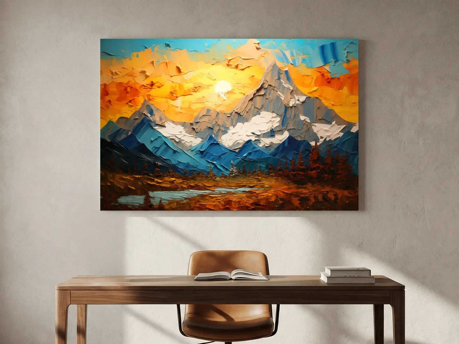 Palette Knife Style Mountain Sunset Painting - Vibrant Abstract Alpine Artwork