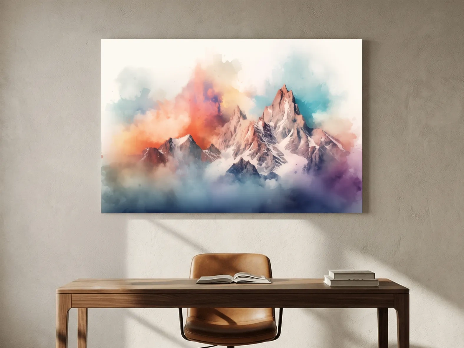 Vibrant Watercolor Alpine Mountain Peaks - Colorful Misty Artwork