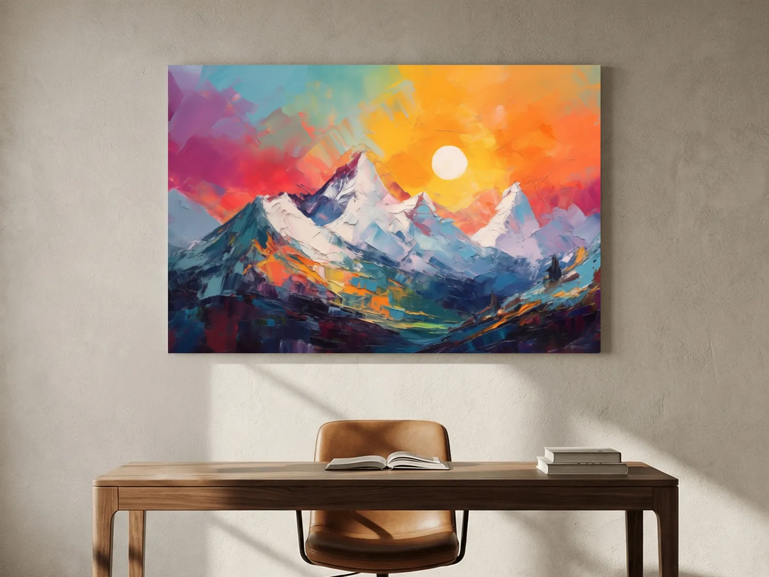 Vibrant Impasto Mountain Sunset Painting - Colorful Abstract Alpine Wall Art