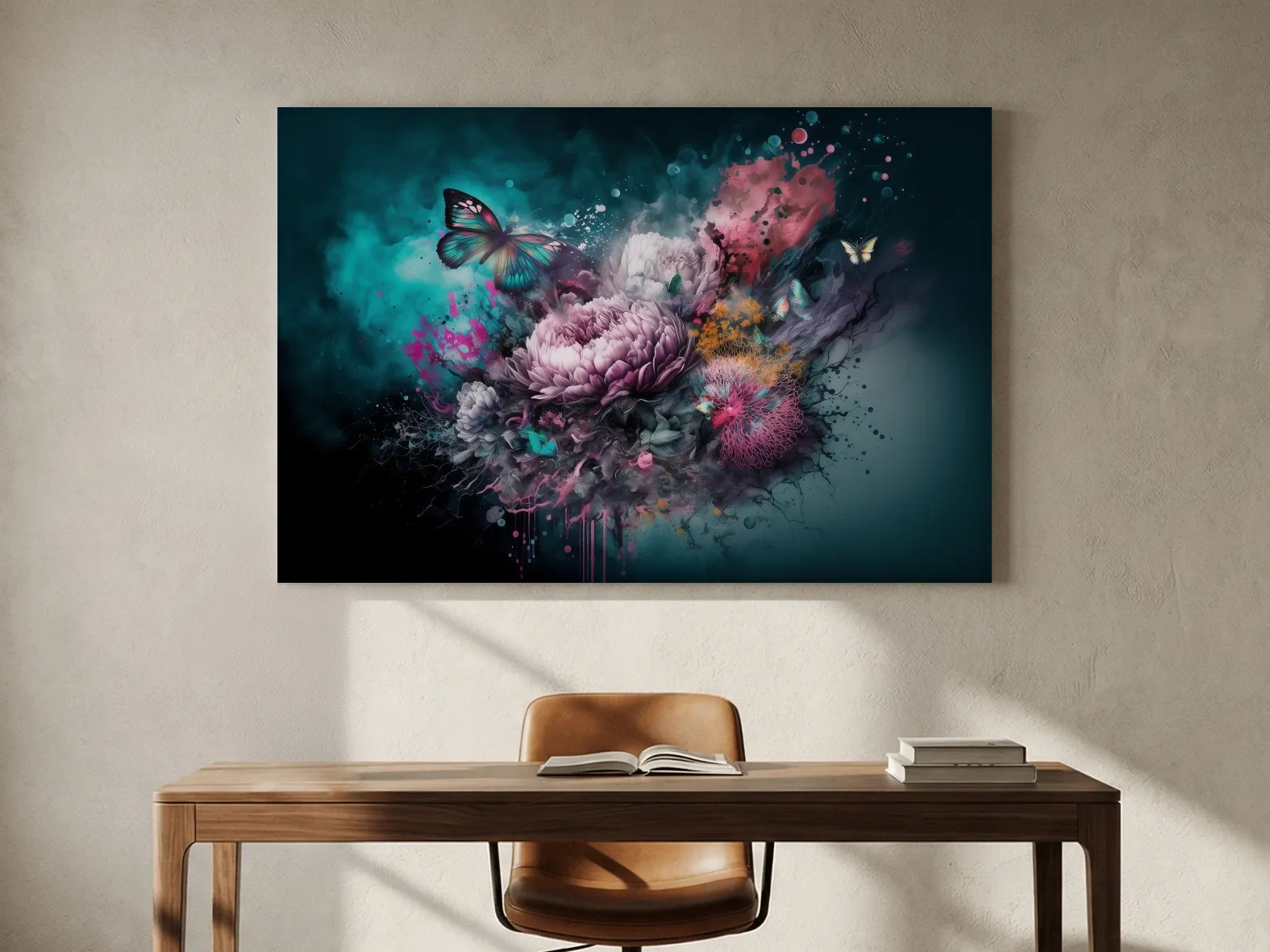 Surreal Floral Butterfly Explosion Painting - Vibrant Botanical Wall Art