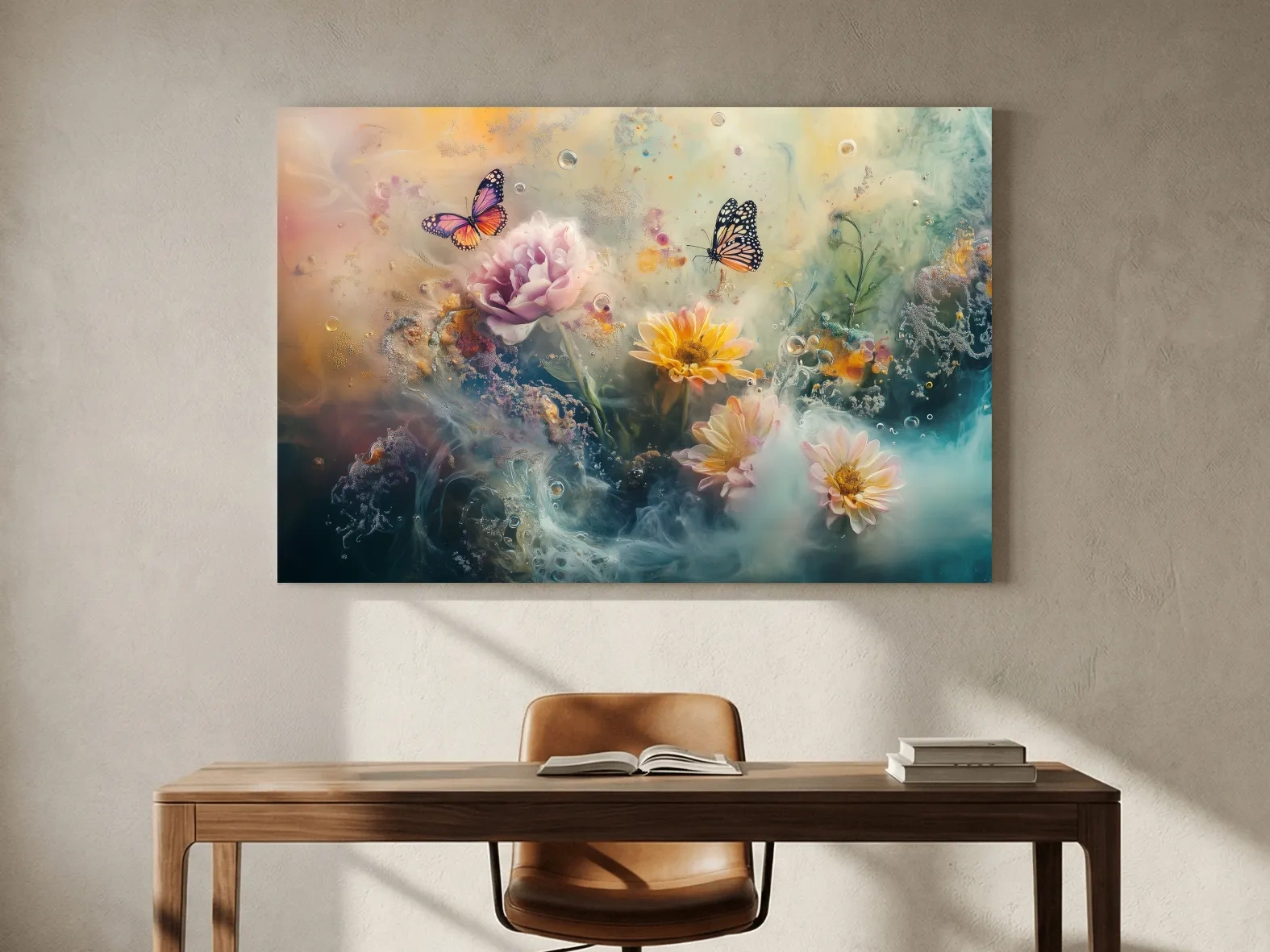 Ethereal Butterfly Floral Dreamscape - Pastel Mixed Media Wall Art
