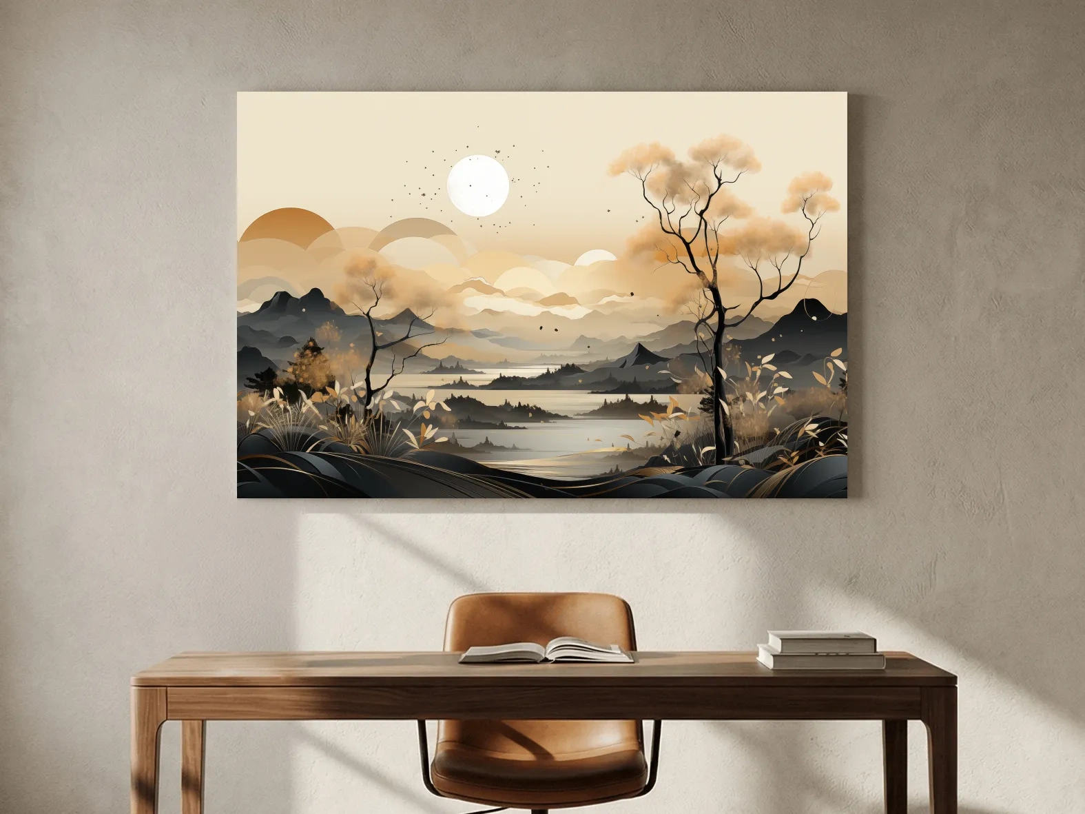 Japandi Misty Mountain Lake Landscape - Boho Wall Artwork