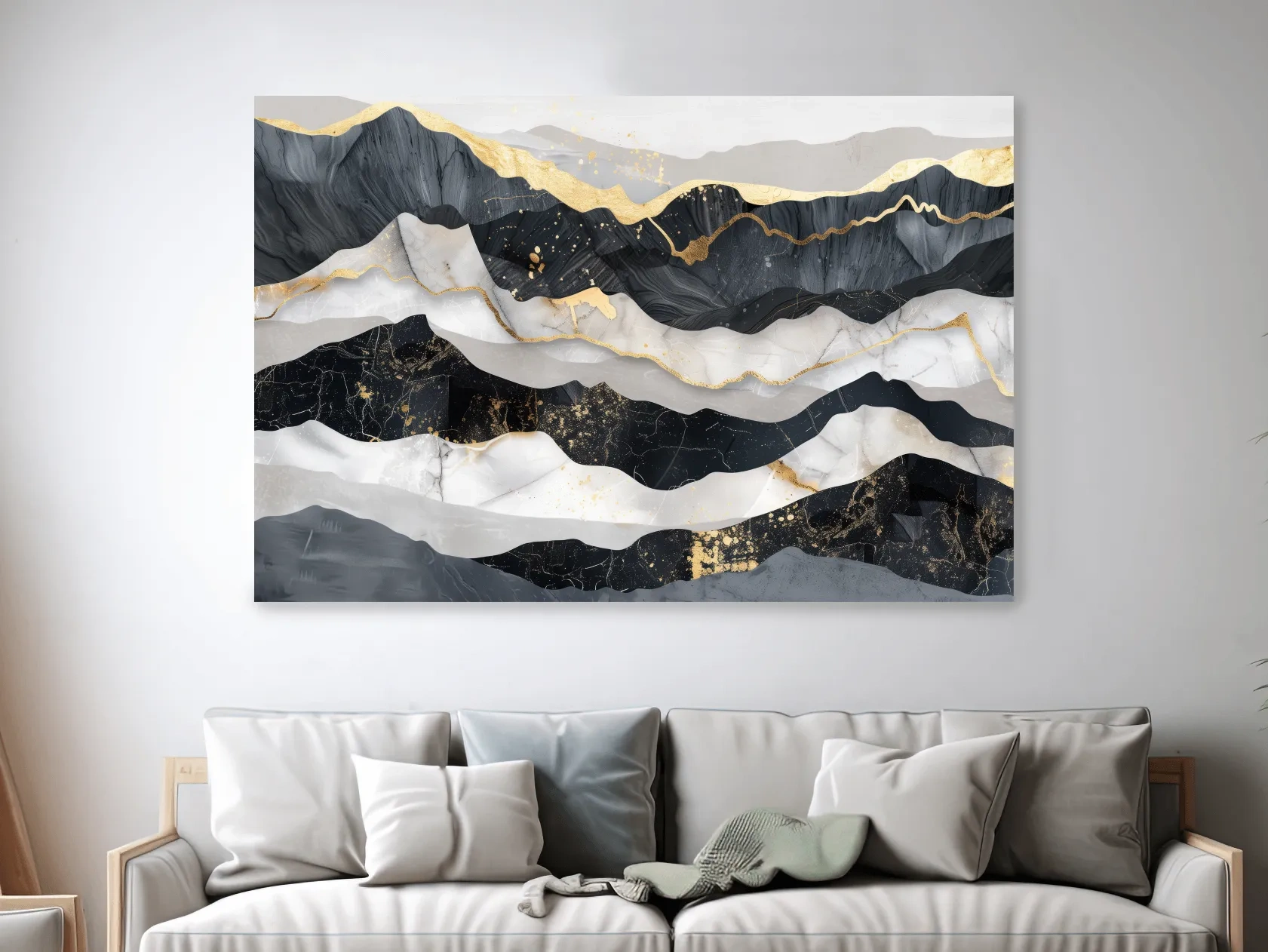 Abstract Black Marble Mountain Layers - Modern Elegant Gold Foil Landscape Wall Art