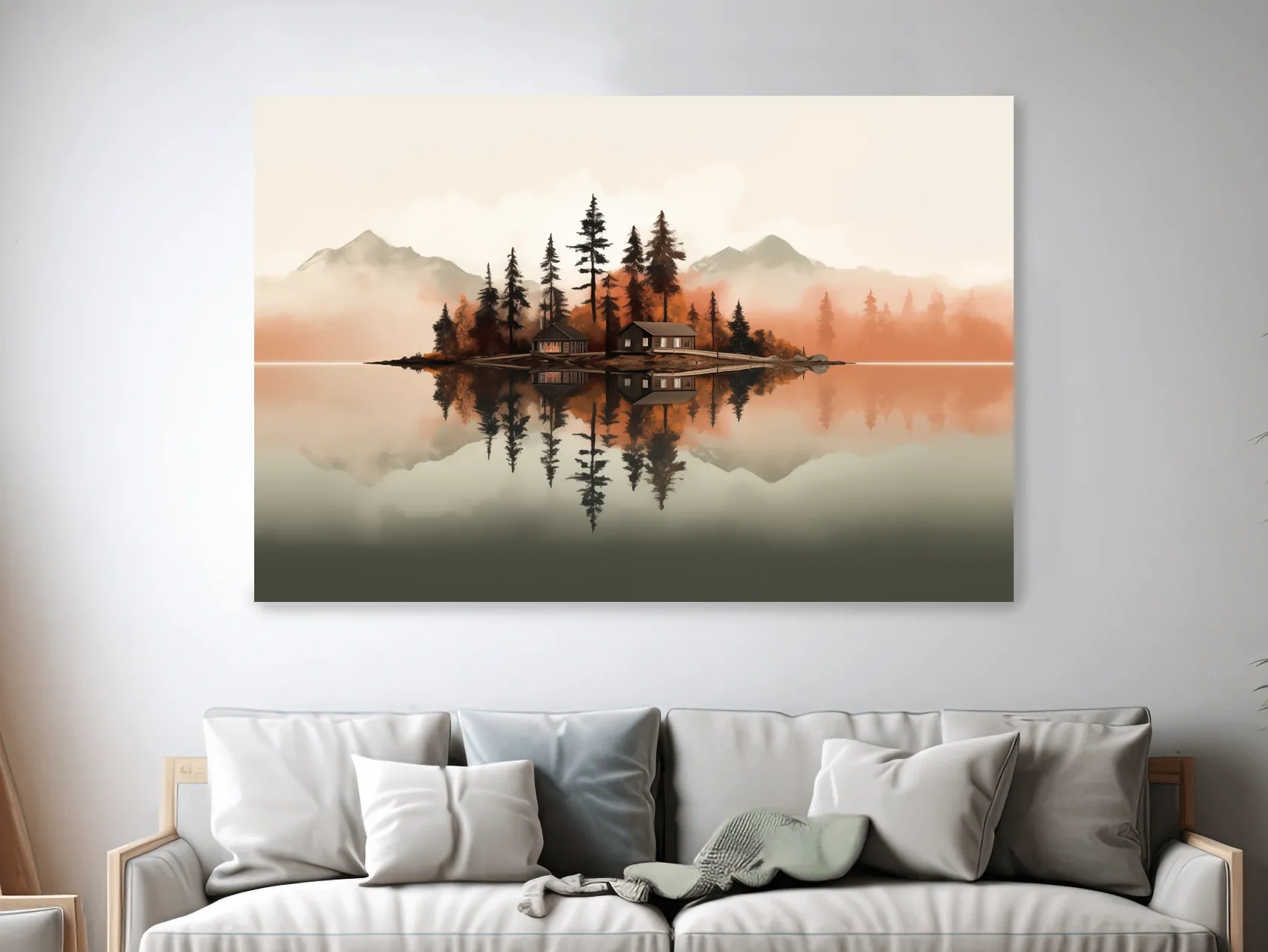 Minimalist art, lakeside cabin amongst the trees