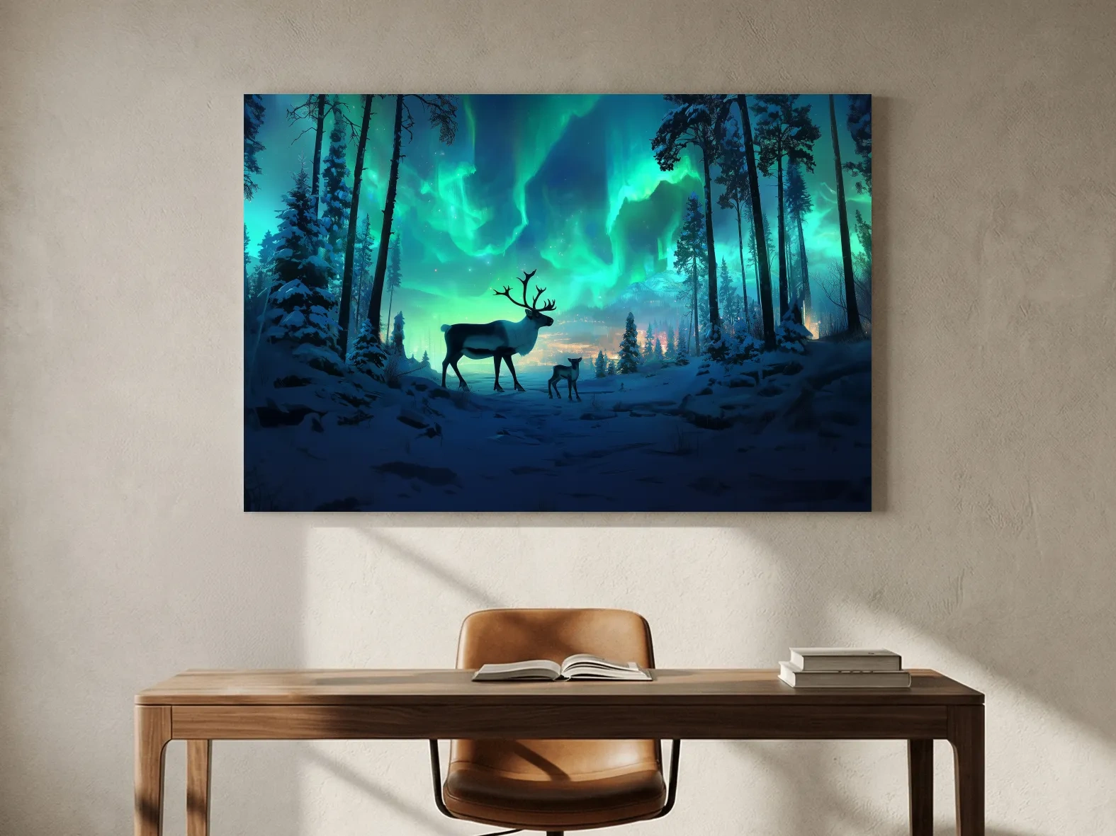 Caribou Buck Under Aurora Borealis Winter Scene - Fantasy Northern Lights Forest Wall Art