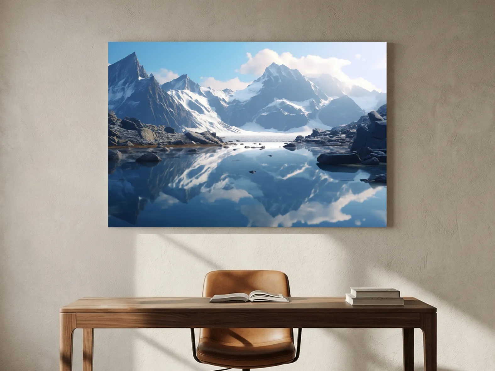 Majestic Snowcapped Mountain Lake Artwork - Serene Alpine Photography Wall Art