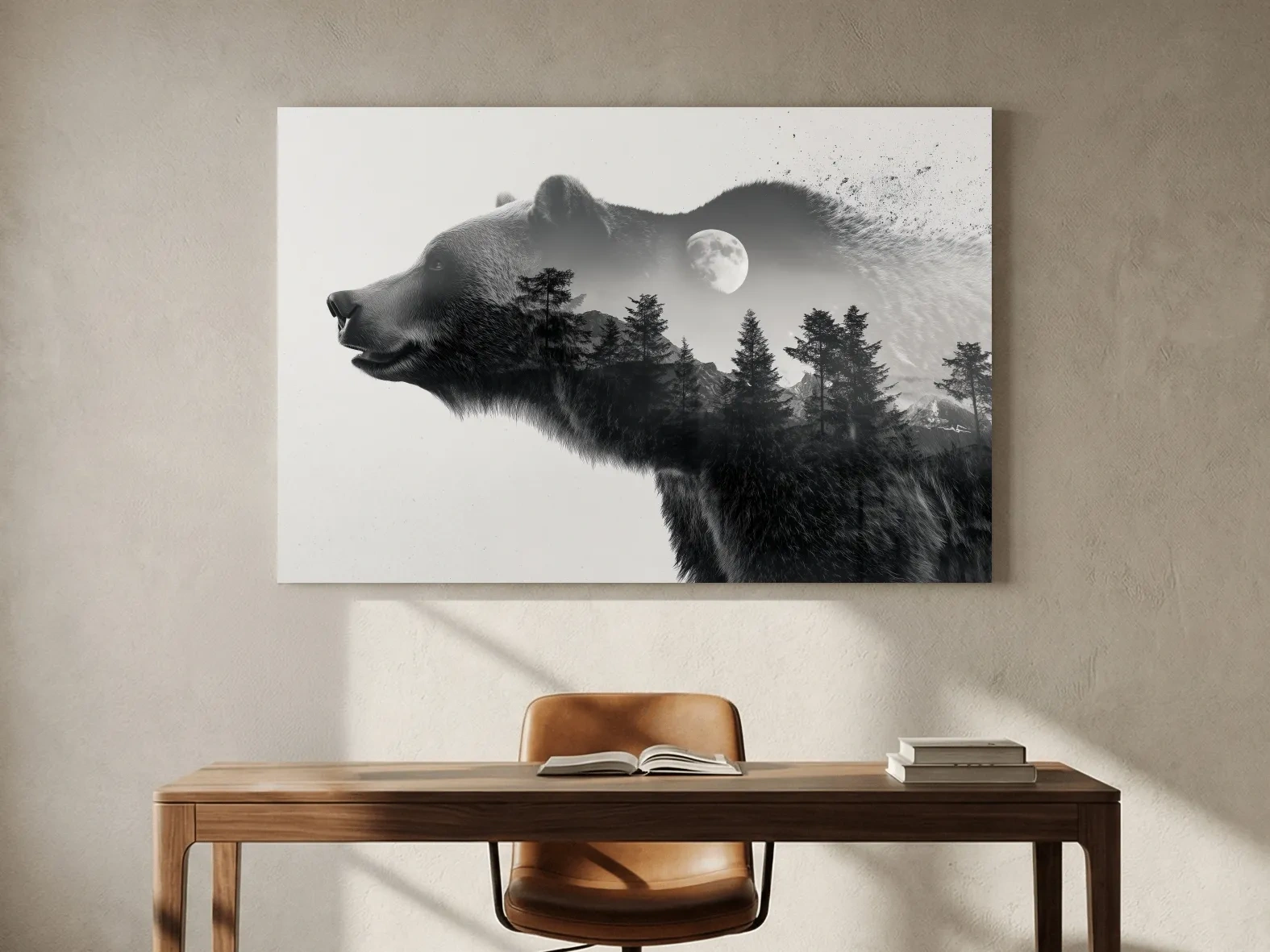 Black And White Grizzly Bear Double Exposure - Moonlit Pine Forest Mountain Wall Art