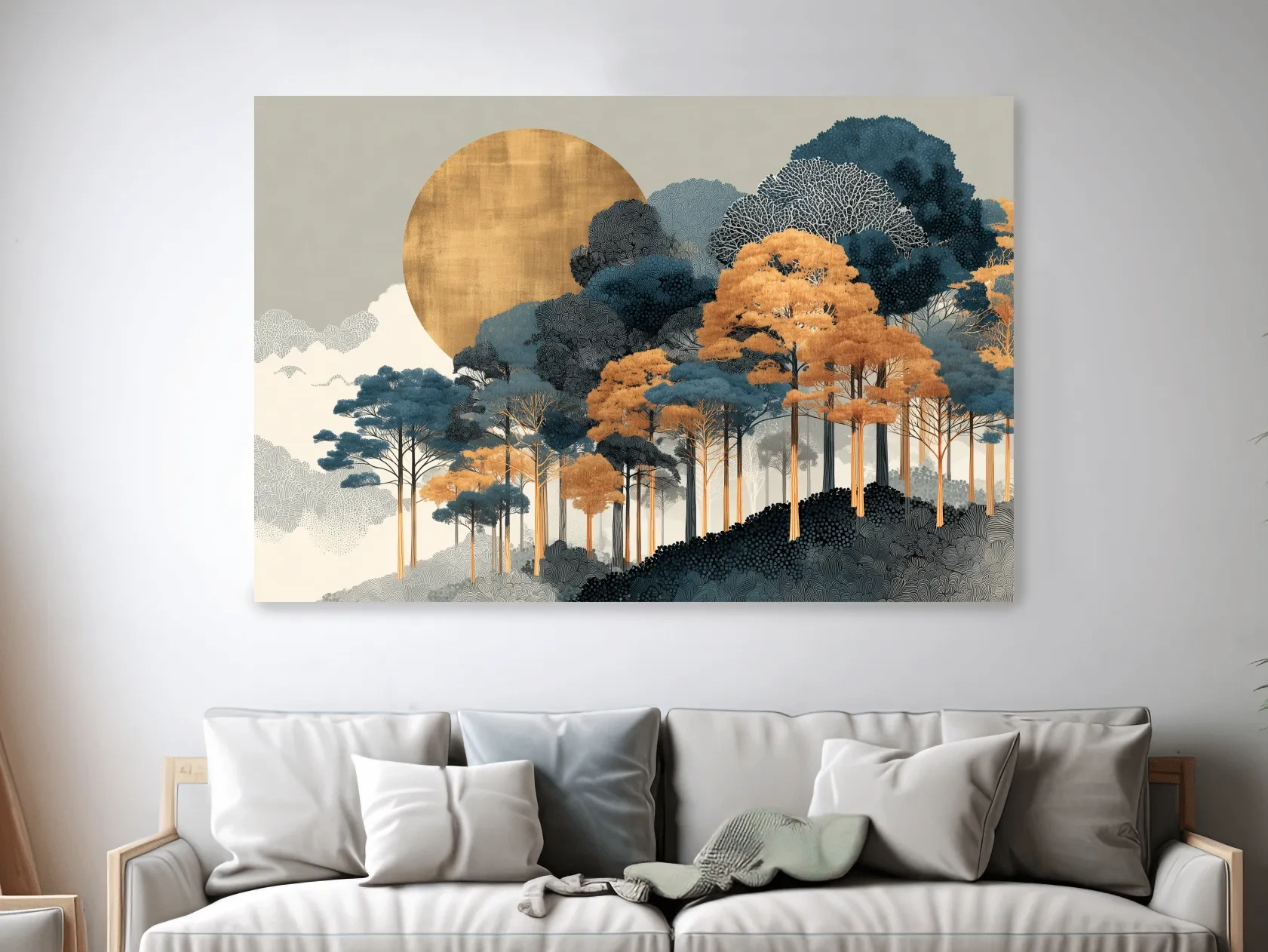 Modern Chic Golden Sun Over Autumn Forest - Elegant Boho Landscape Wall Art