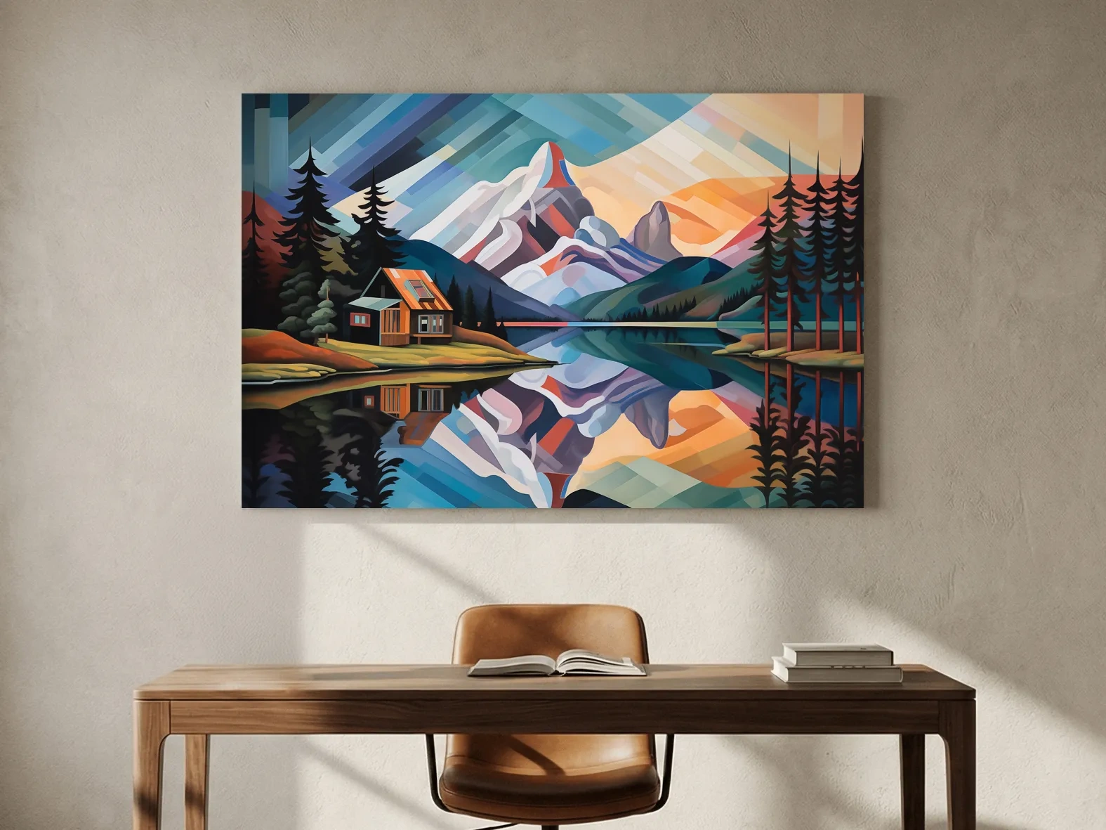 Mountain Cabin by the Lake Canvas Print - Abstract Oil Painting Sunset Wall Art