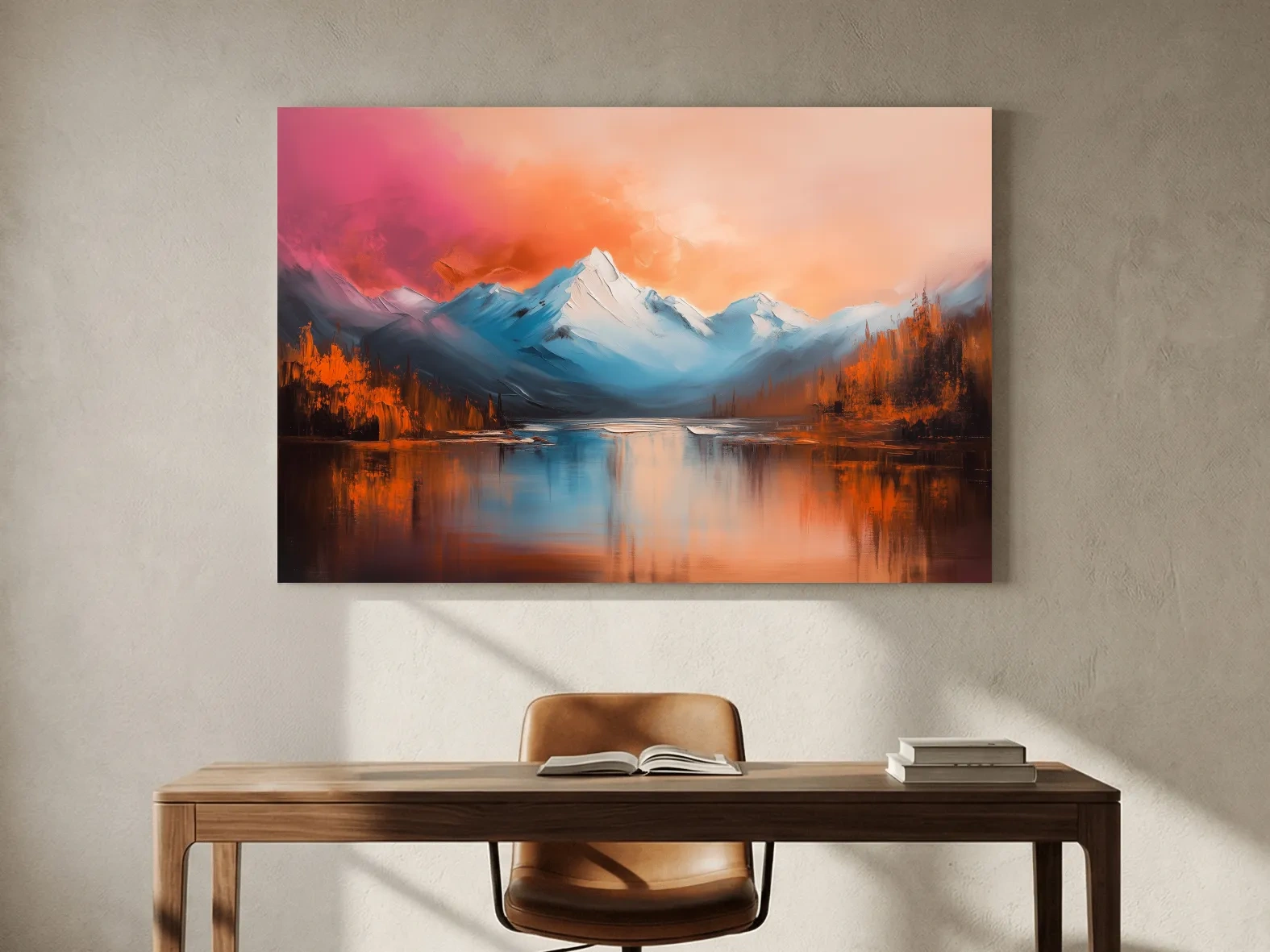 Sunset Mountain Lake Painting - Serene Abstract Landscape Wall Art Print