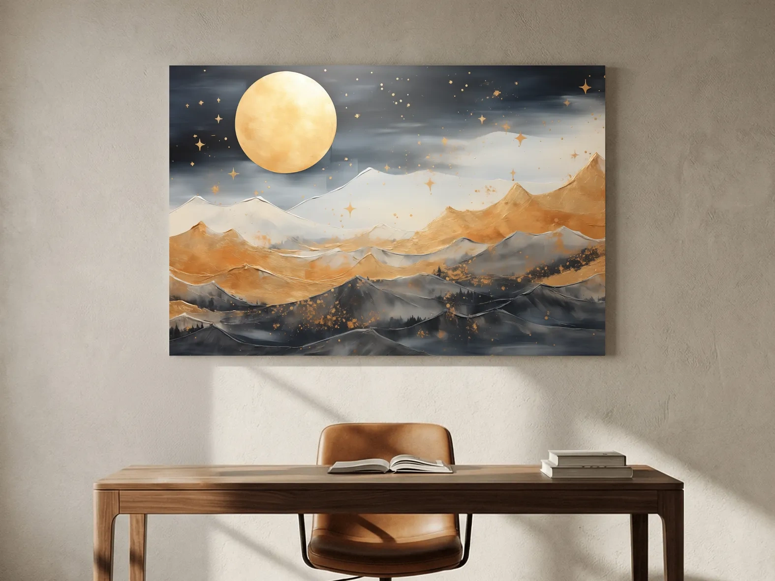 Golden Moonlit Abstract Mountain Landscape - Modern Metallic Watercolor Wall Art