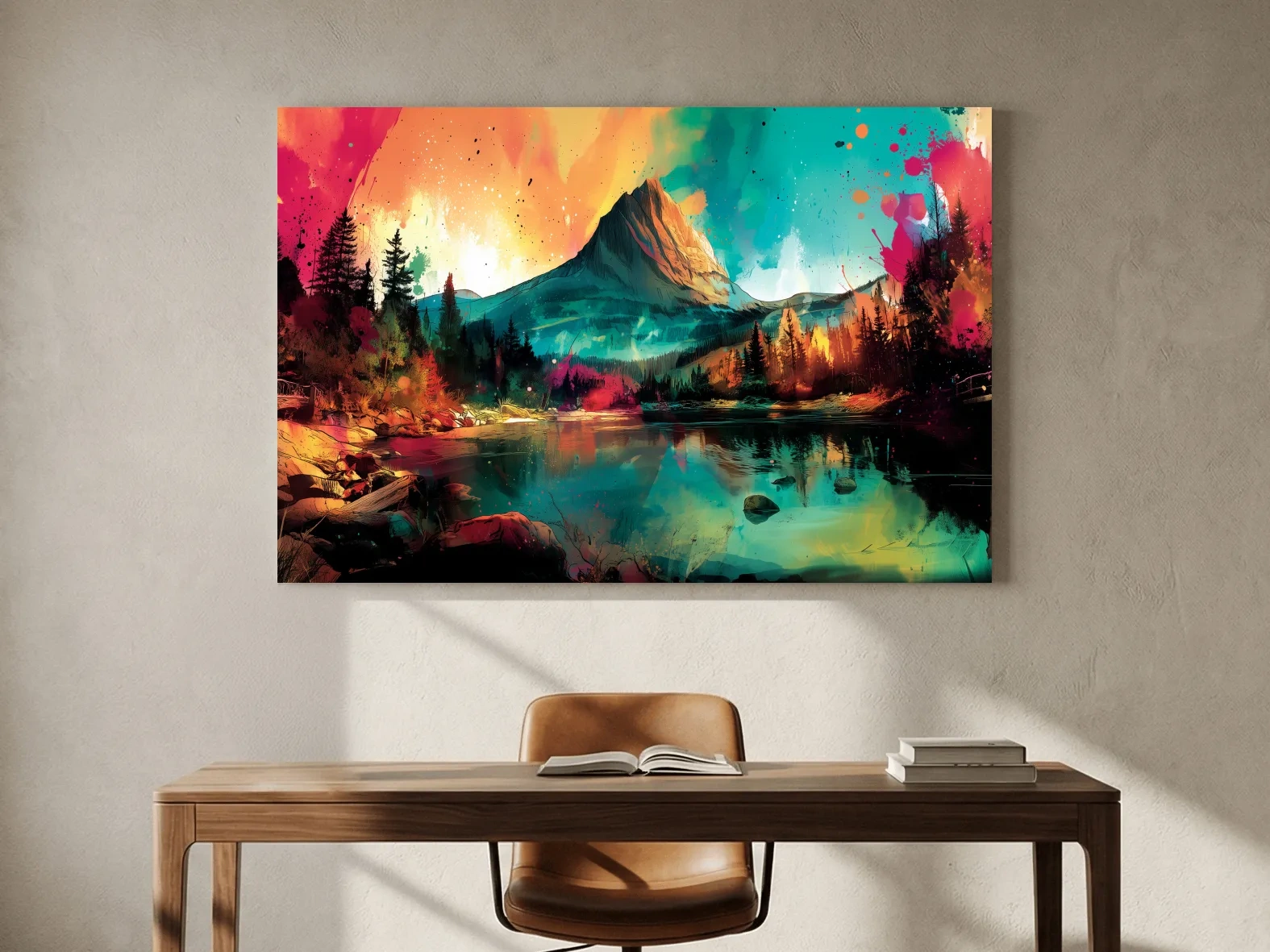 Vibrant Abstract Alpine Mountain Sunrise - Colorful Watercolor Style Artwork