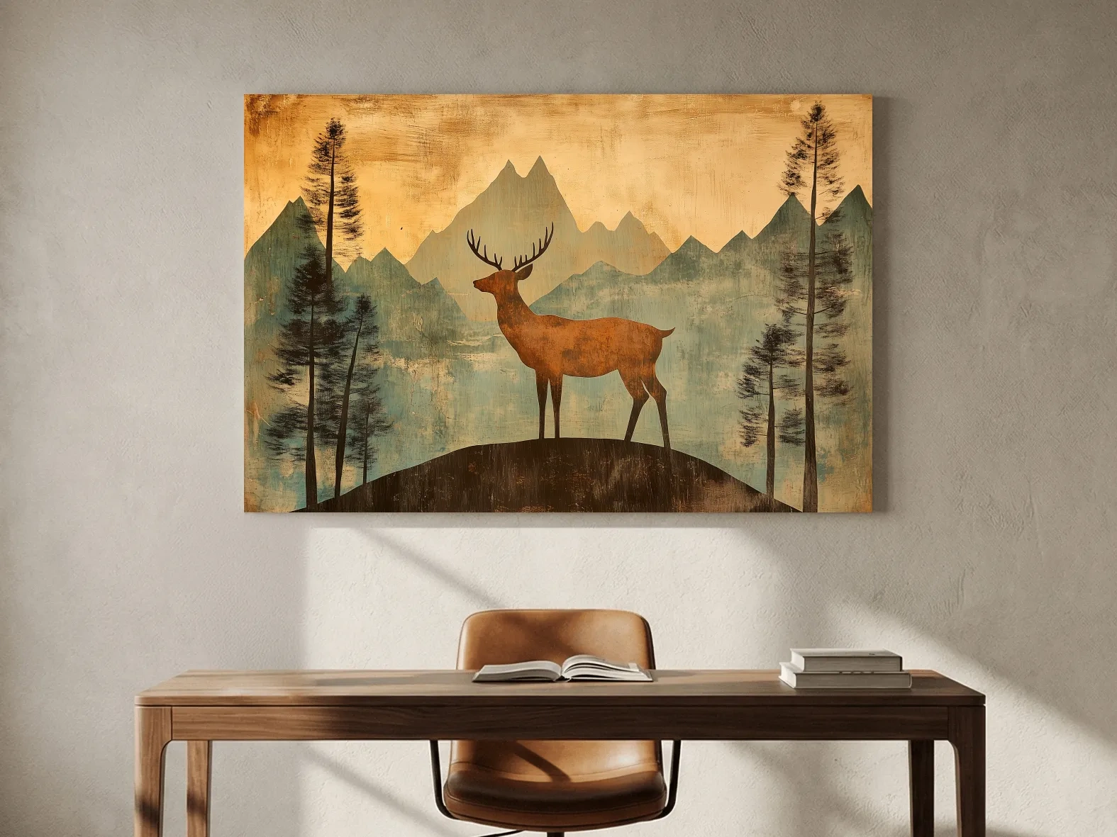 Rustic Deer Silhouette Mountain Landscape - Vintage Woodland Wall Art