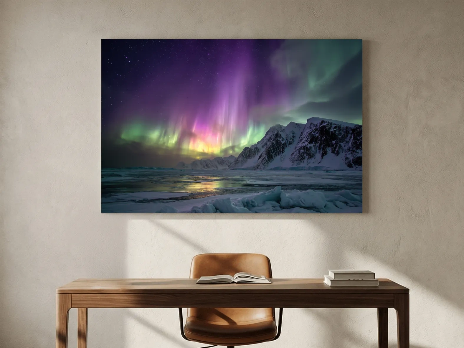 Vibrant Northern Lights Over Snowy Mountains - Aurora Borealis Photographic Night Sky Wall Art