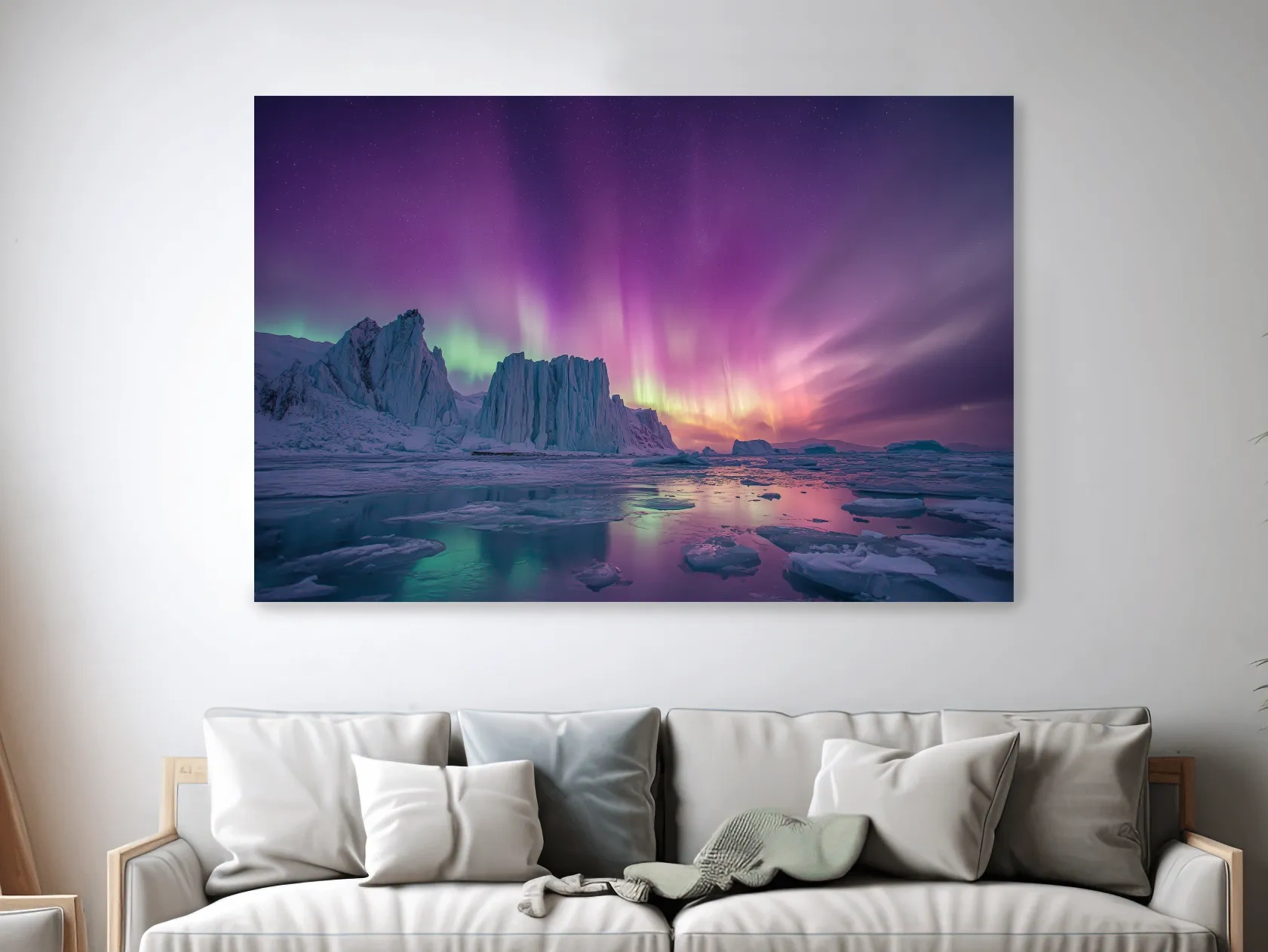 Vibrant Purple Northern Lights Over Arctic Icebergs - Aurora Borealis Landscape Wall Art