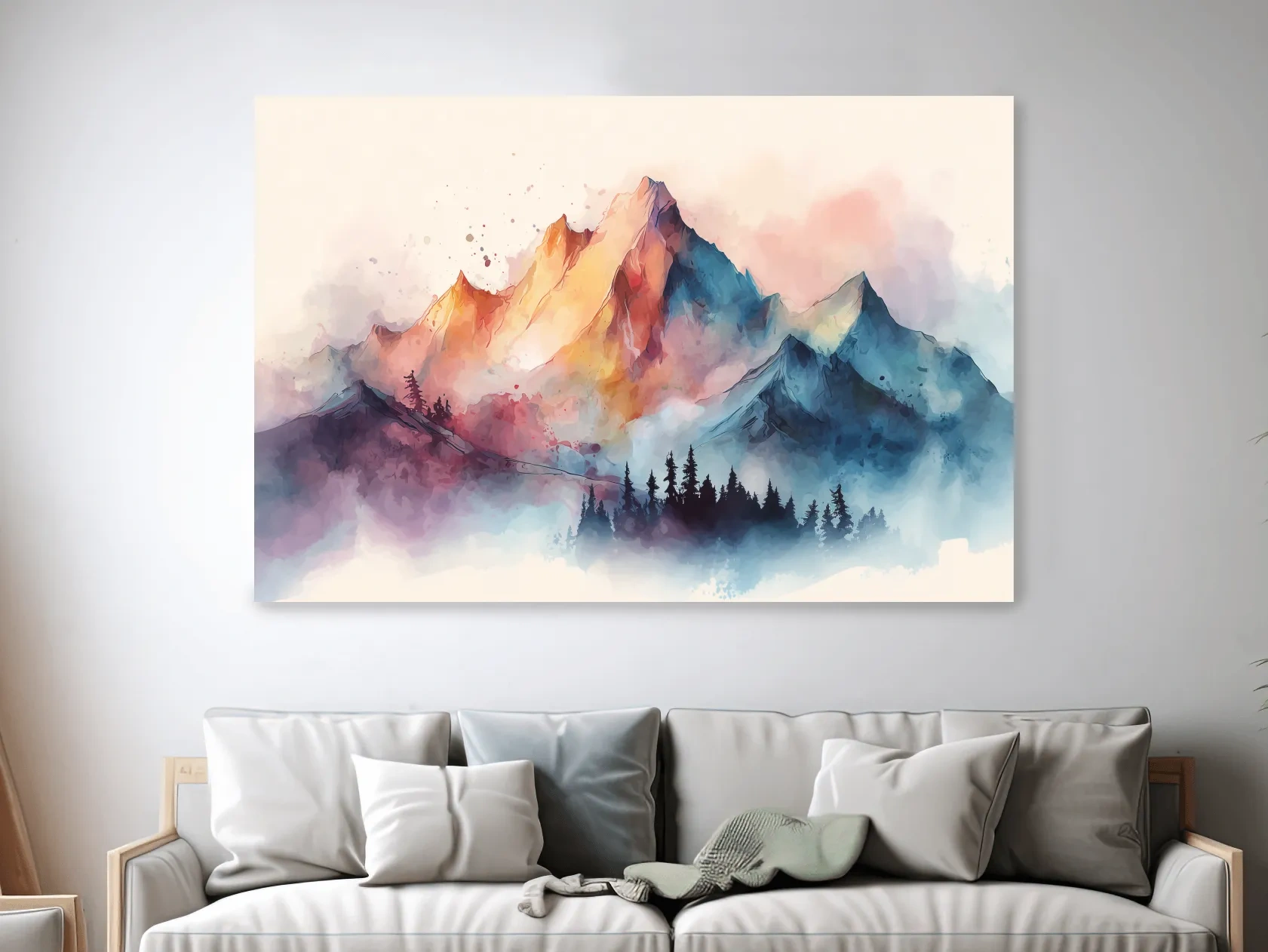 Vibrant Watercolor Mountain Peaks - Colorful Misty Alpine Forest Wall Art