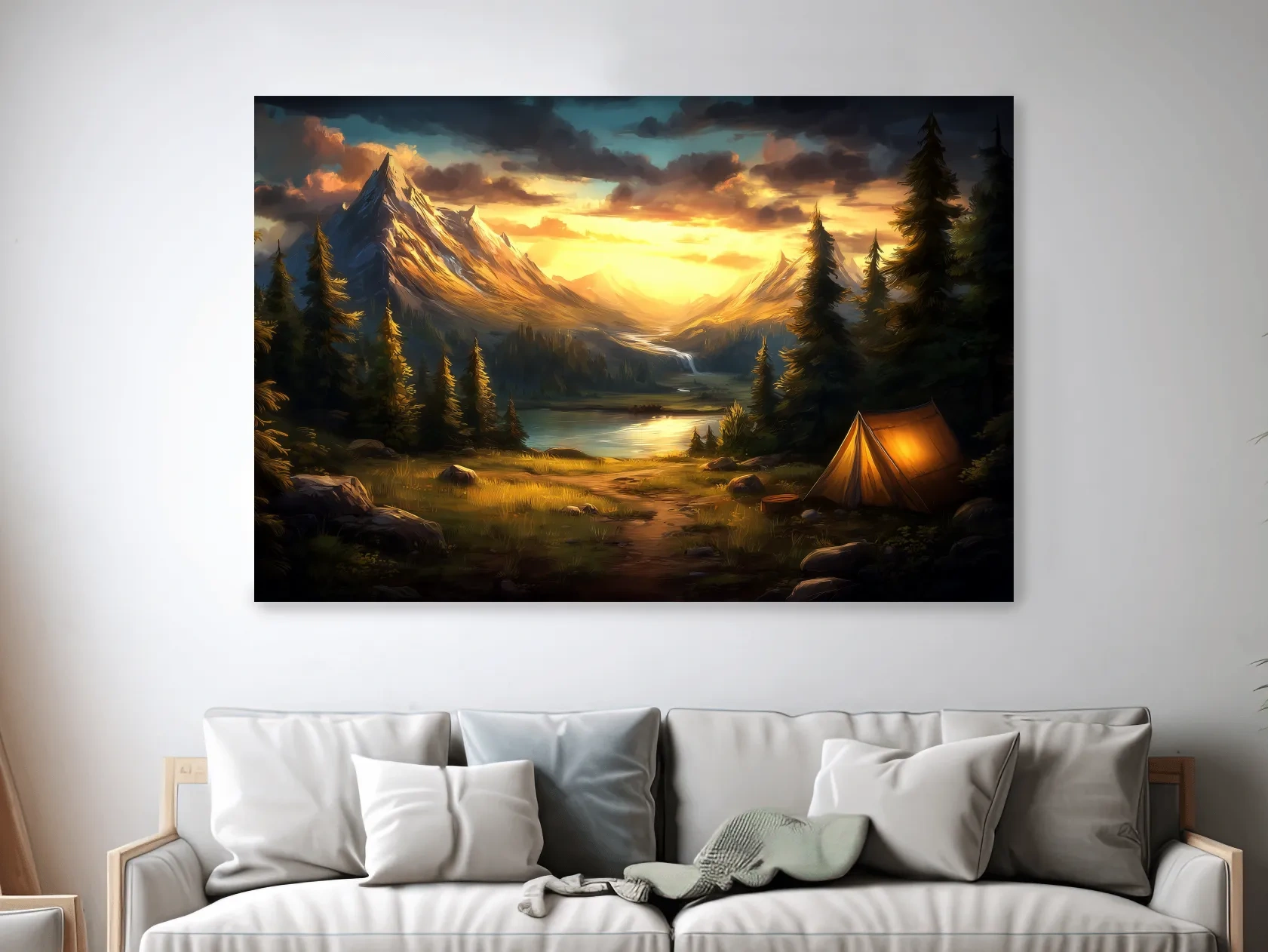 Golden Sunset Alpine Camping Scene Impressionist Painting - Scenic Mountain Wall Art