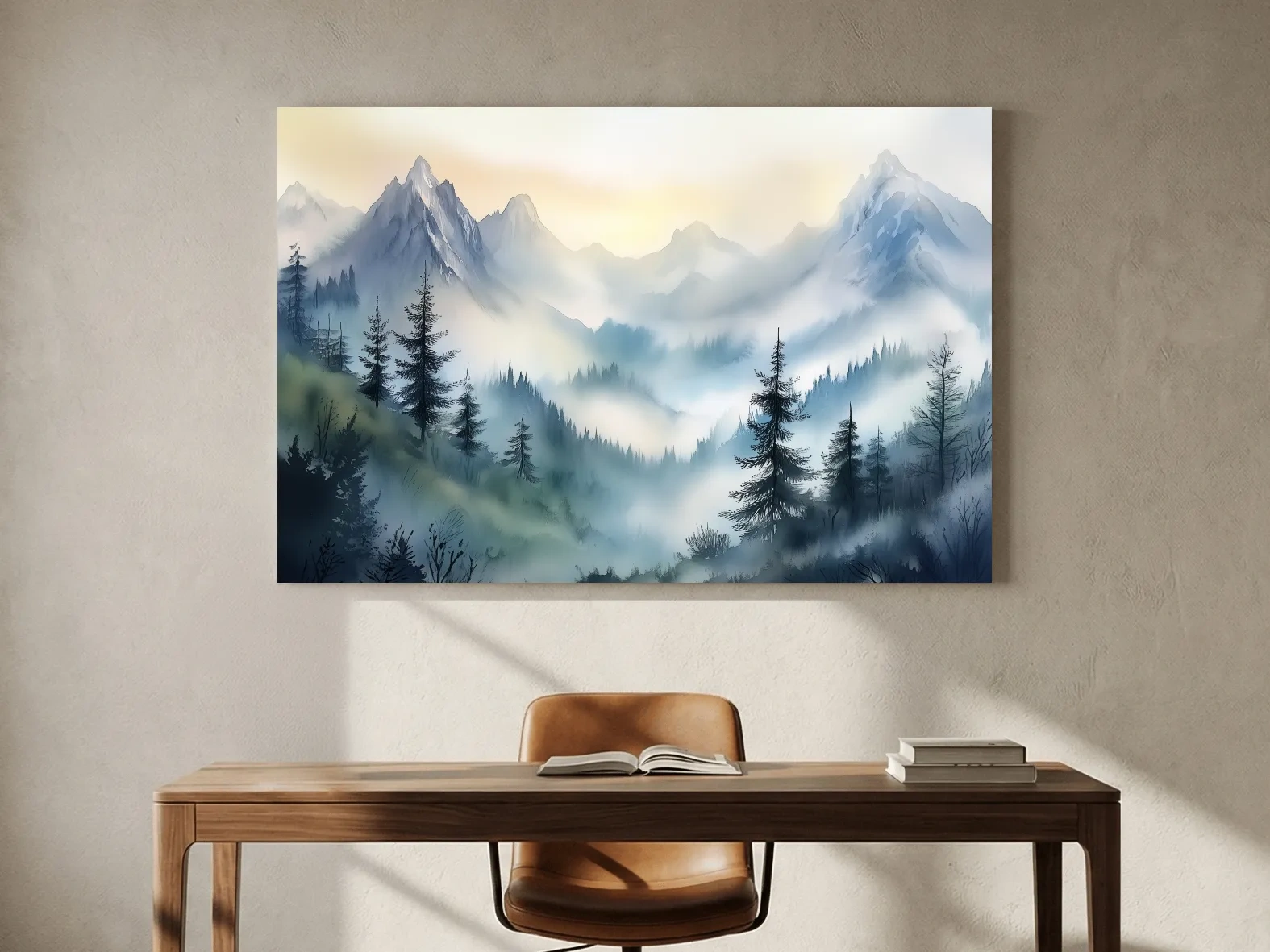 Chinese Ink Wash Watercolor Mountain Peaks - Foggy Alpine Wall Art