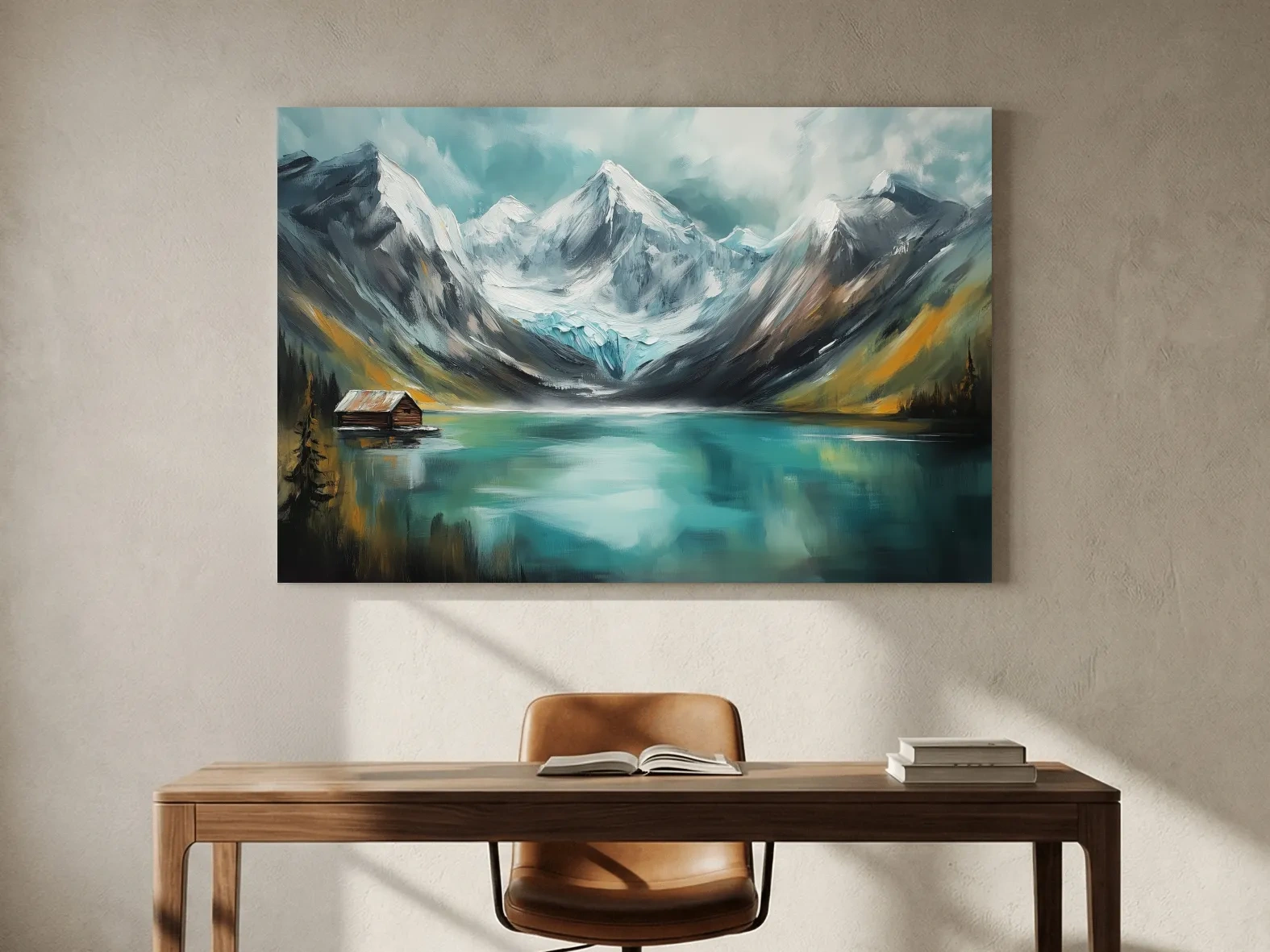 Turquoise Alpine Lake Cabin Painting - Snowy Mountain Landscape Wall Art