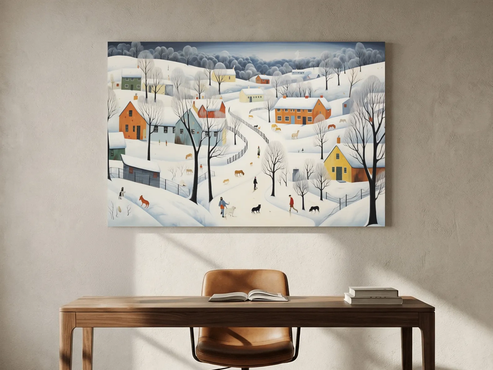 Whimsical Snowy Village Winter Landscape Painting - Folk Art Countryside Wall Art