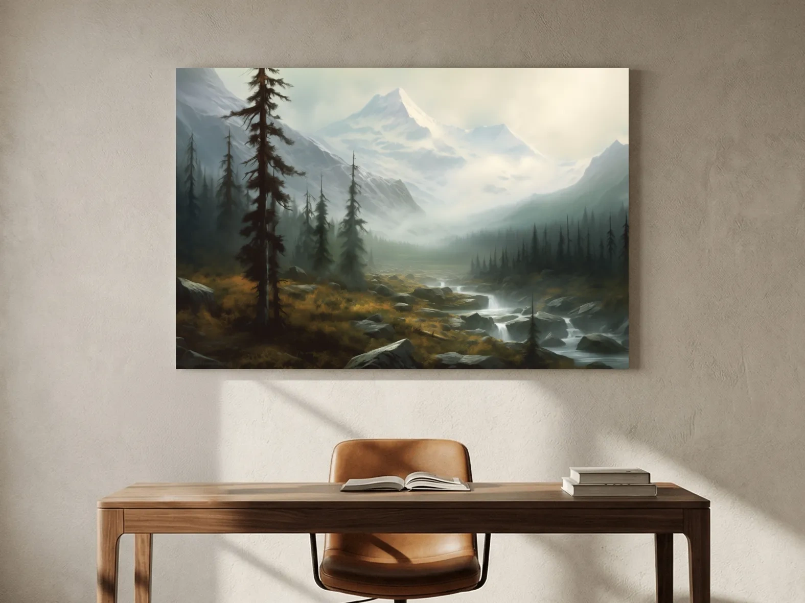 Misty Alpine Mountain Valley Painting - Foggy Evergreen Forest Wall Art
