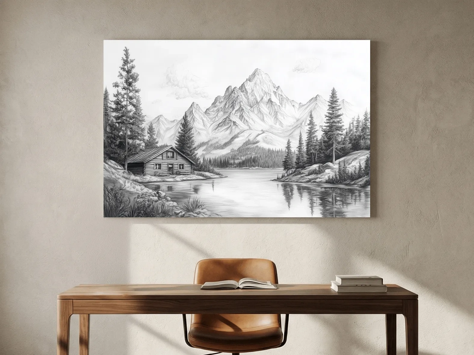 Vintage Pencil Sketch Alpine Lake Cabin - Black And White Mountain Landscape Wall Art