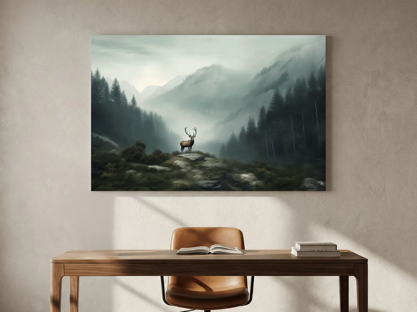 Moody Misty Mountain Deer Landscape - Atmospheric Forest Wildlife Wall Art