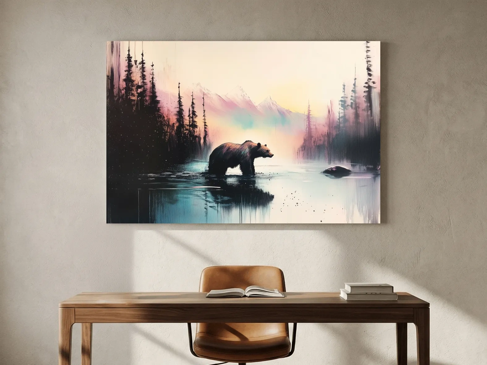 Moody Watercolor Grizzly Bear Lake Reflection - Misty Mountain Wilderness Wall Art