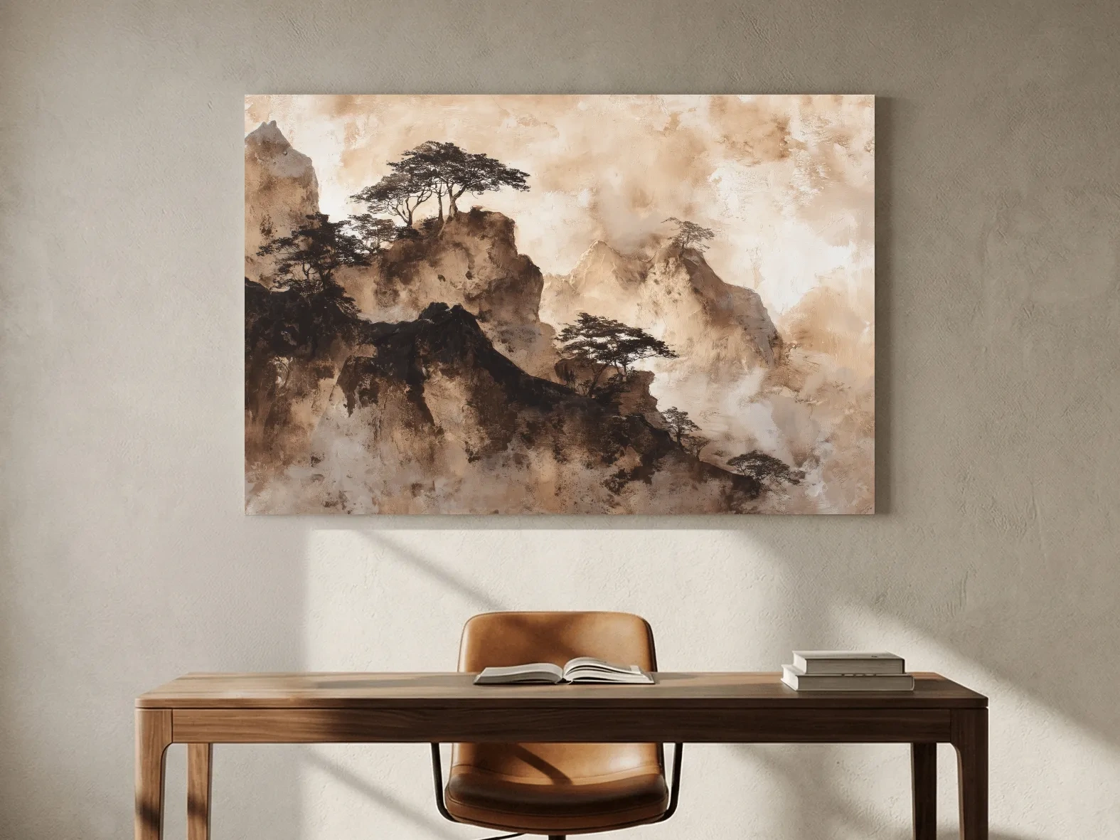 Sepia Japandi Mountain Ridge Painting - Atmospheric Ink Wash Art