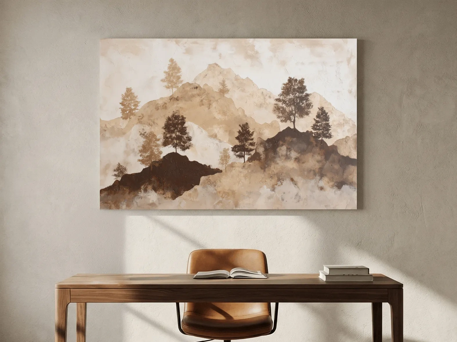 Wabi-Sabi Mountain Tree Silhouettes Painting - Minimalist Landscape Wall Art