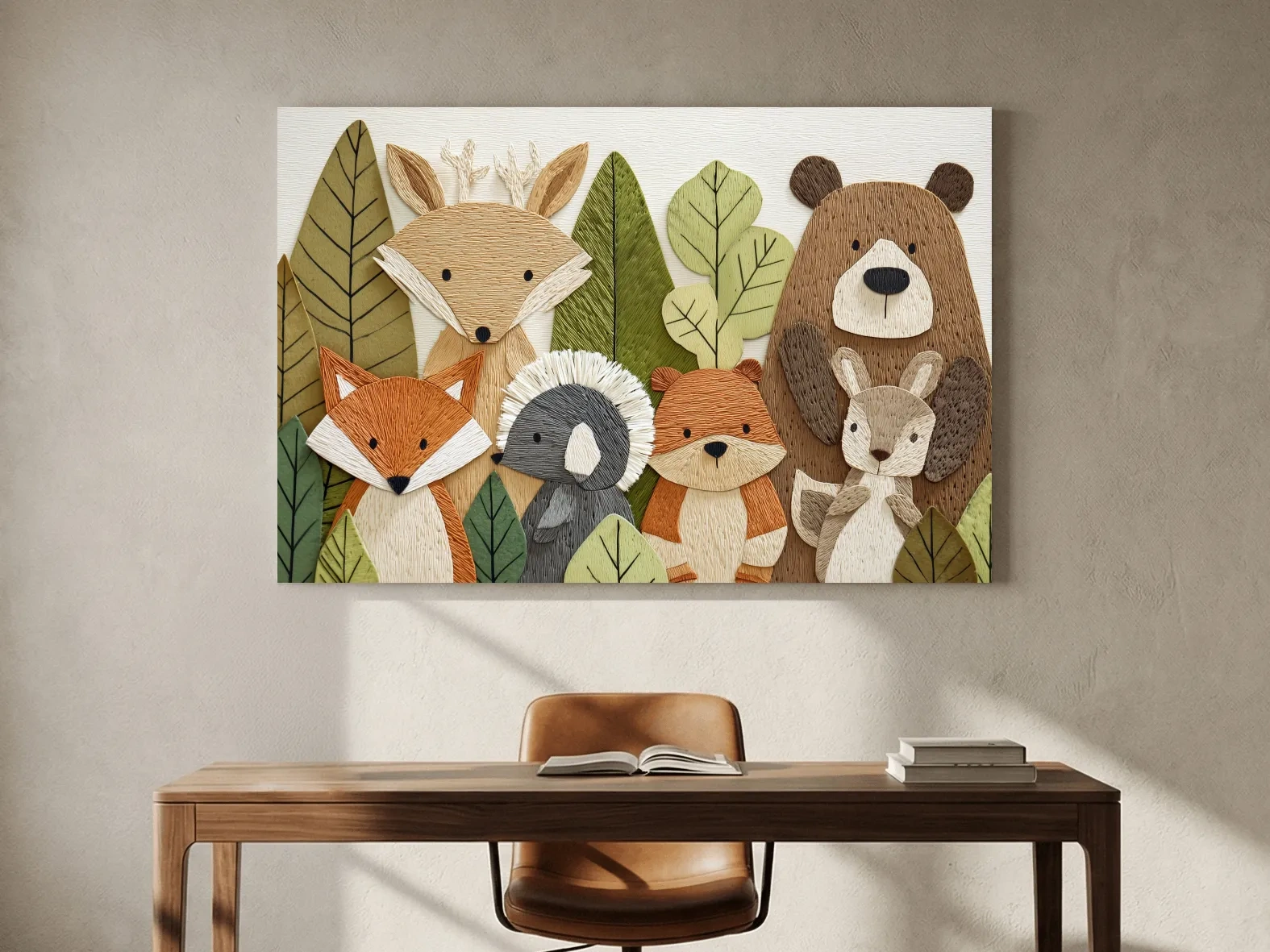 Woodland Animal Nursery Decor - Cute Forest Animals Embroidery Style Wall Art