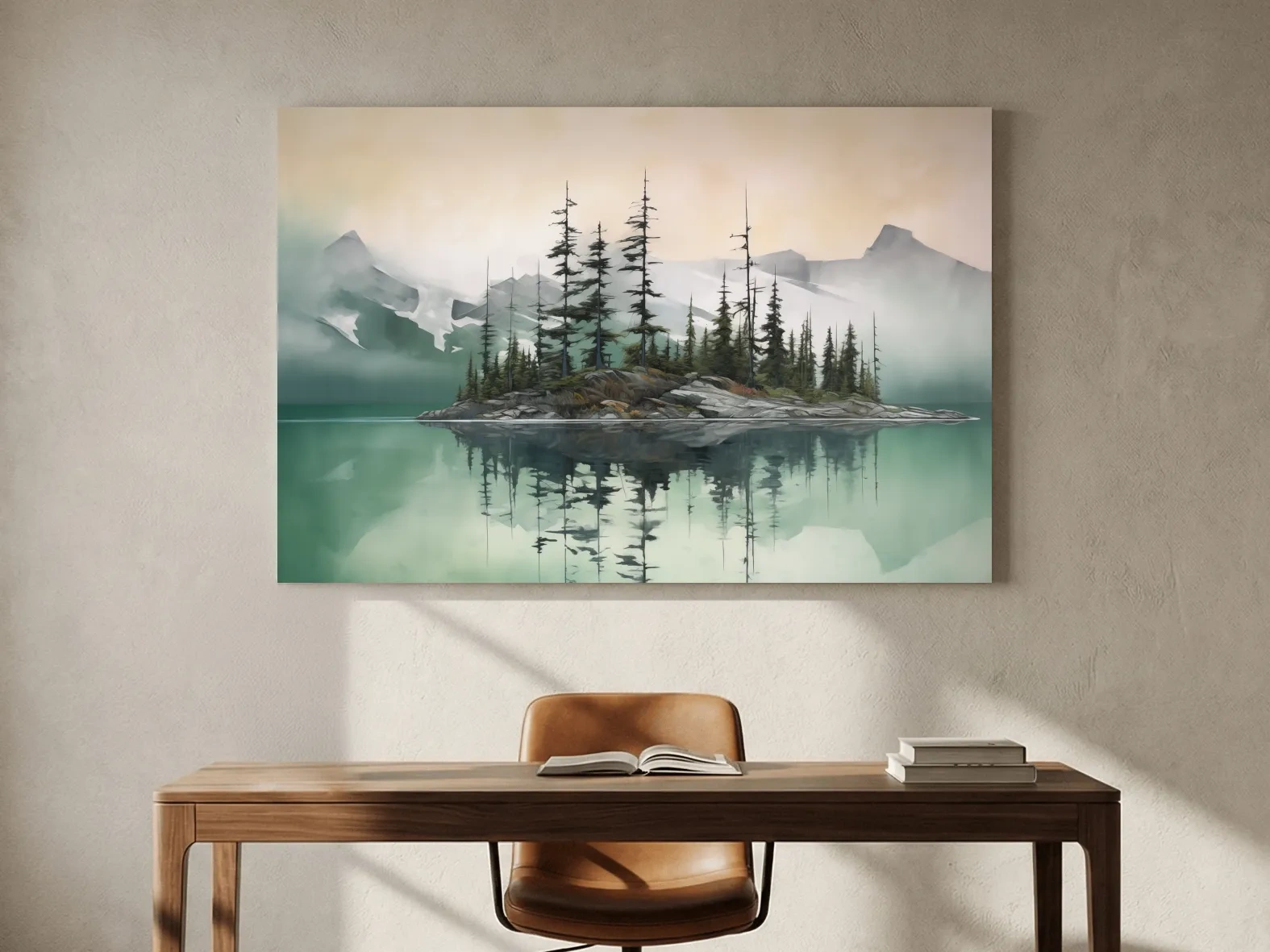 Misty Turquoise Alpine Lake Reflection - Serene Watercolor Mountain Landscape Wall Art