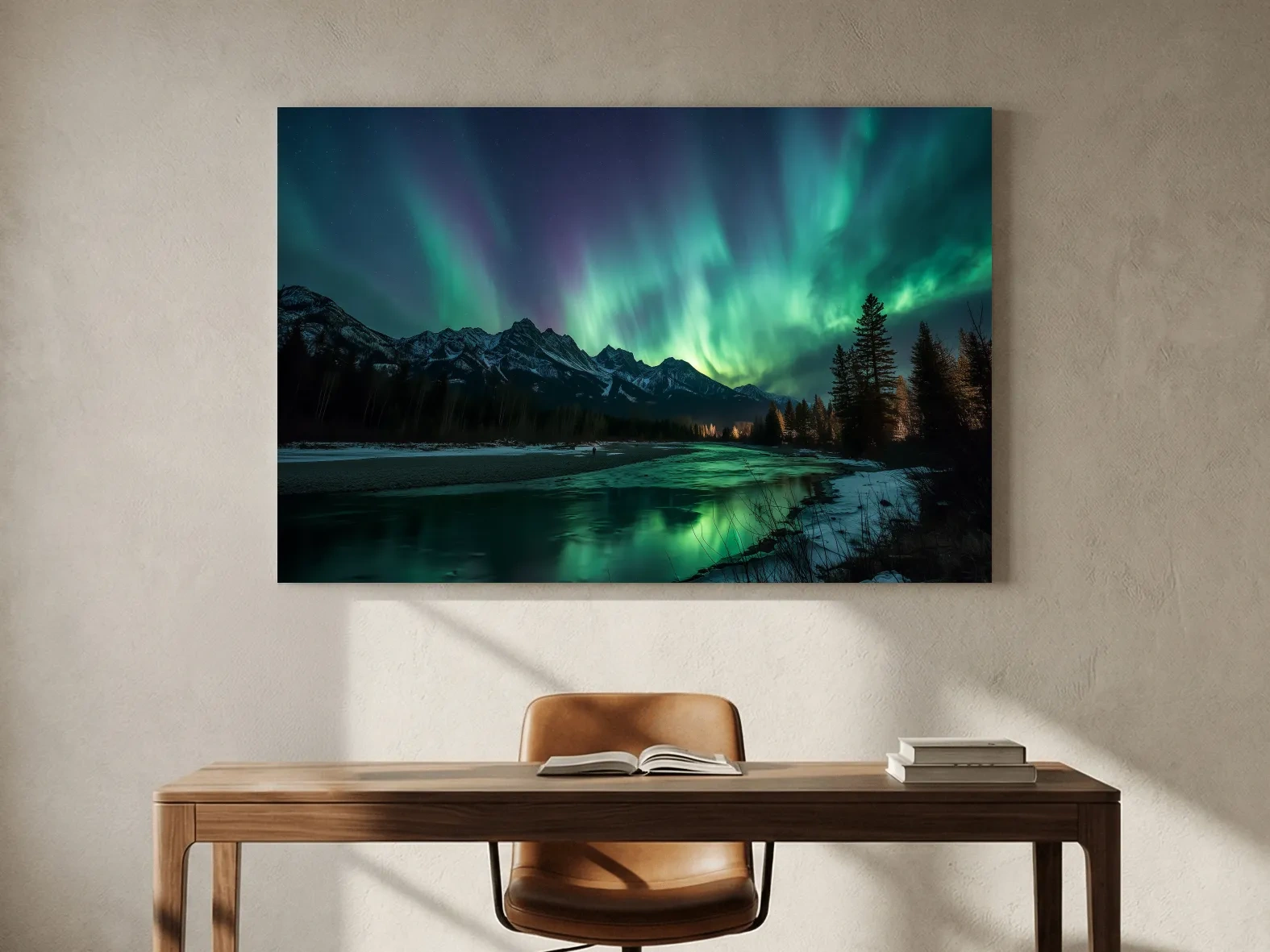 Vibrant Green Northern Lights Over Frozen Lake - Aurora Borealis Landscape Wall Art